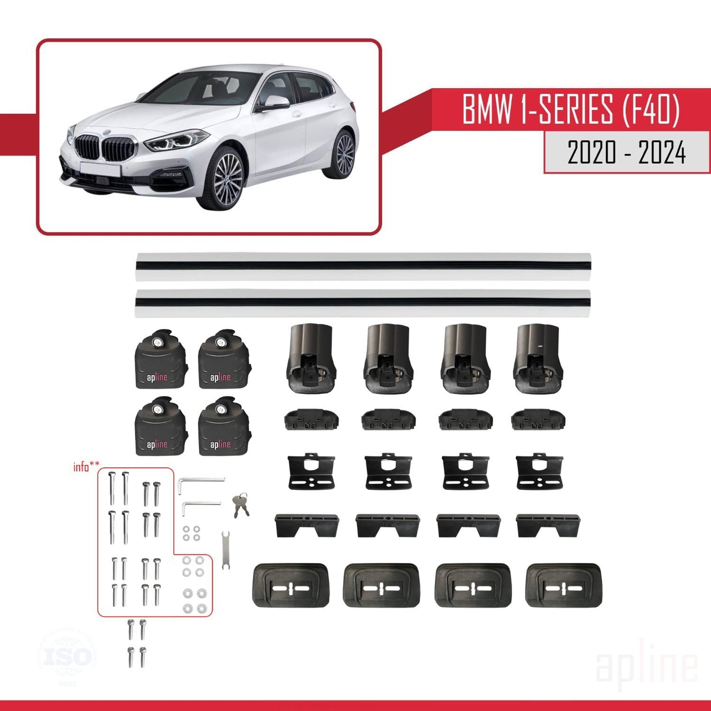 Compatible with BMW 1 Series (F40) 2020-2024 ACE-3 Car Roof Rack Cross Bar Grey Aluminium 2 Bars