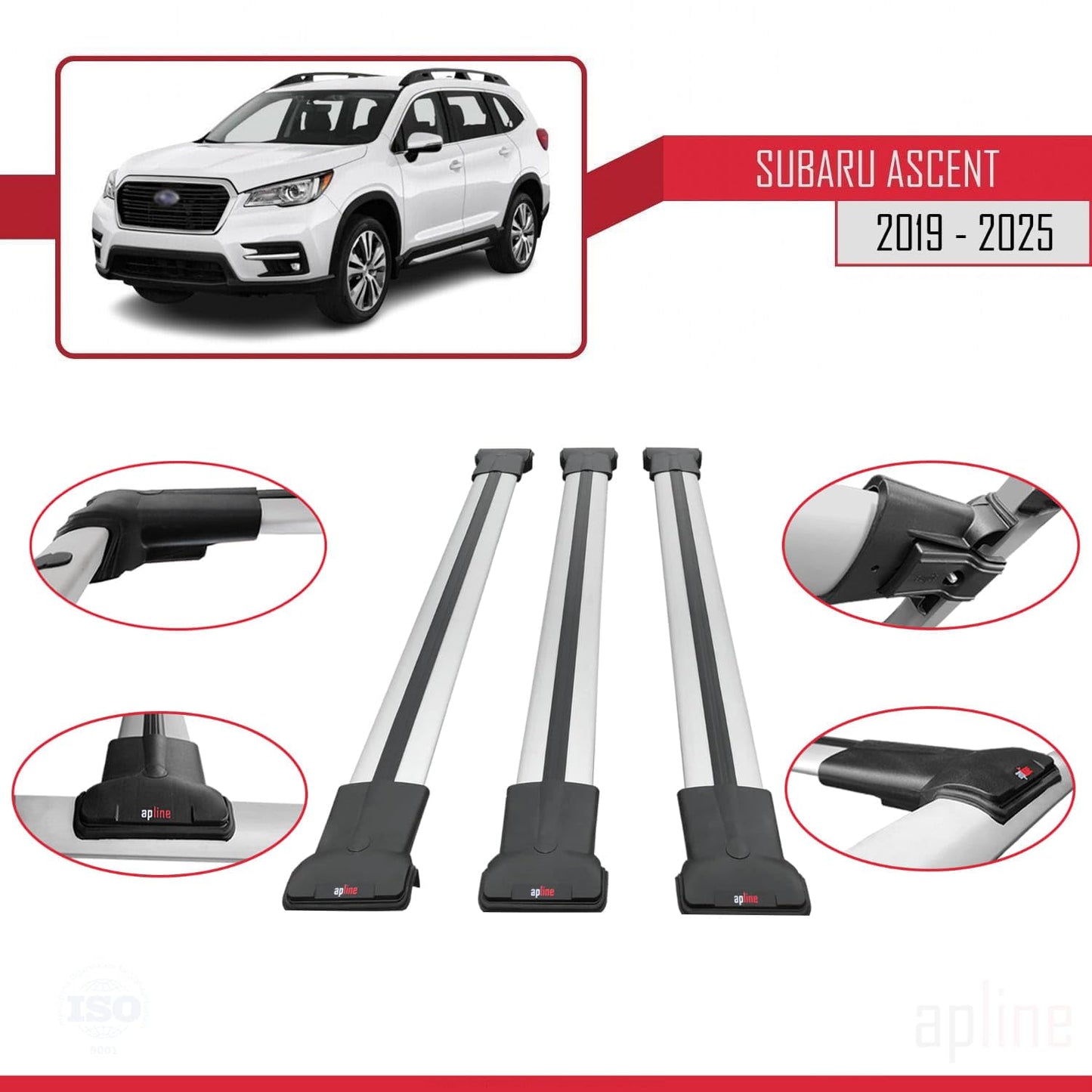 Compatible with Subaru Ascent 2019-2025 Fly Model Car Roof Rack Cross Bar Grey Aluminium 3 Bars