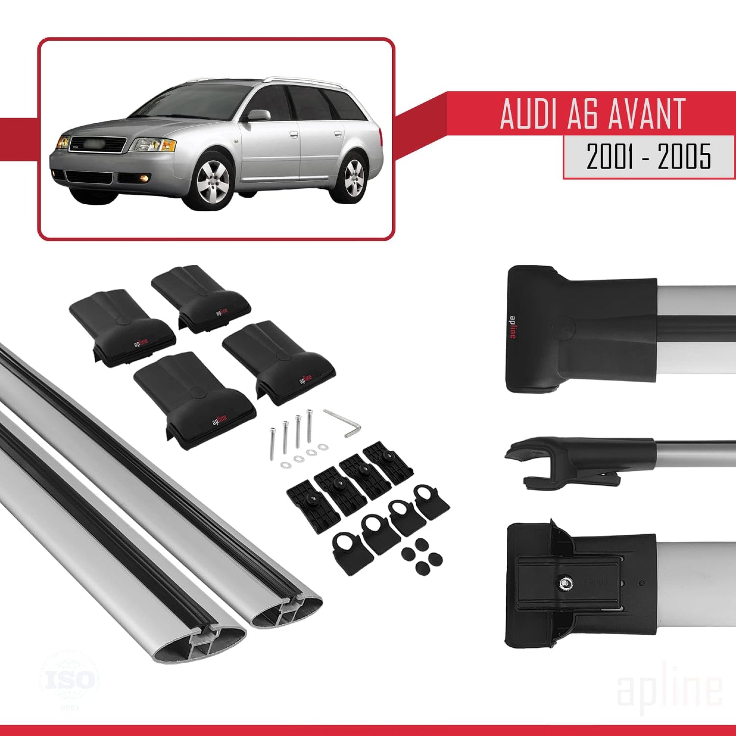 Compatible with Audi A6 Avant 2001-2005 Fly Model Car Roof Rack Cross Bar Grey Aluminium 2 Bars