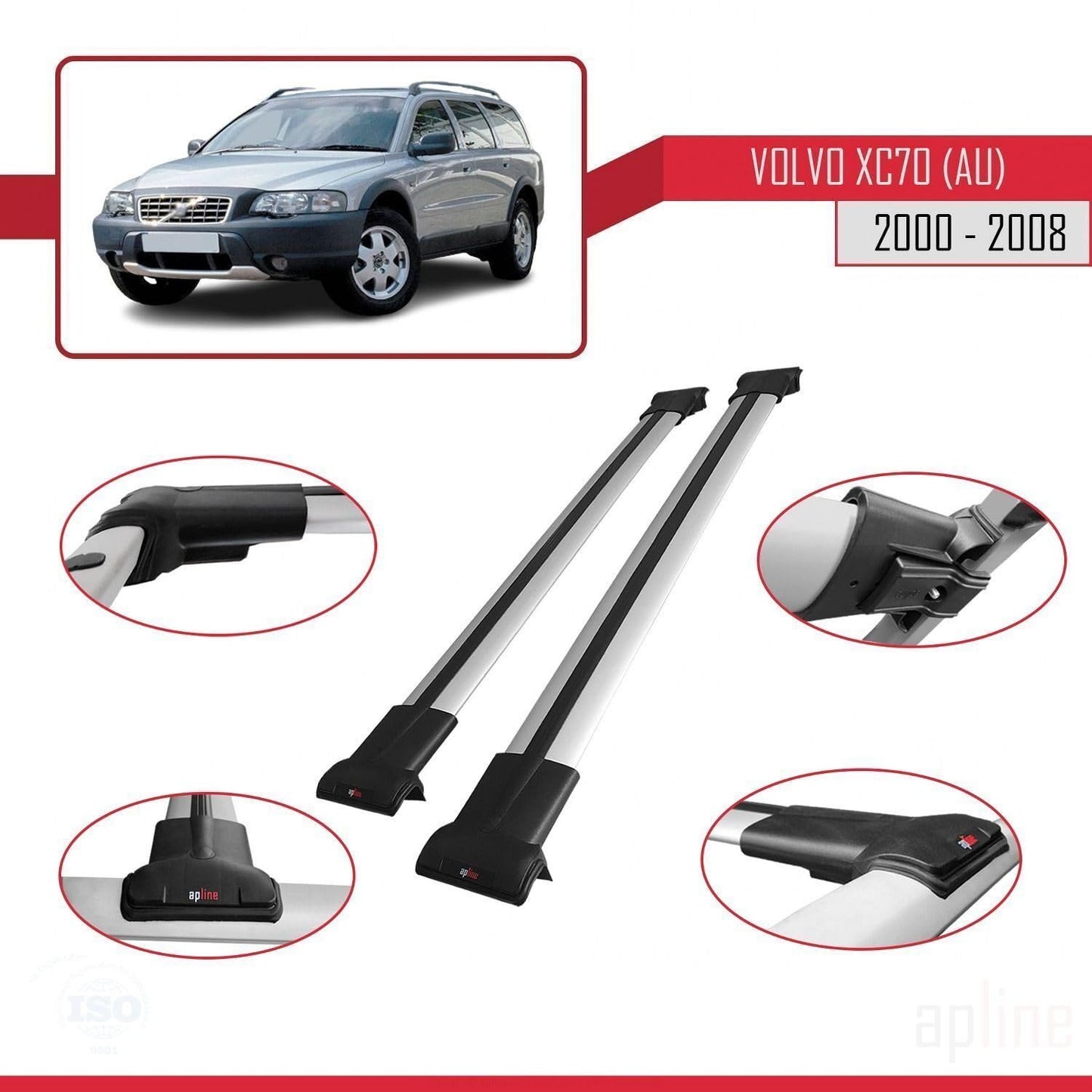 Compatible with Volvo XC70 (P2) 2000-2007 Fly Model Car Roof Rack Cross Bar Grey Aluminium 2 Bars