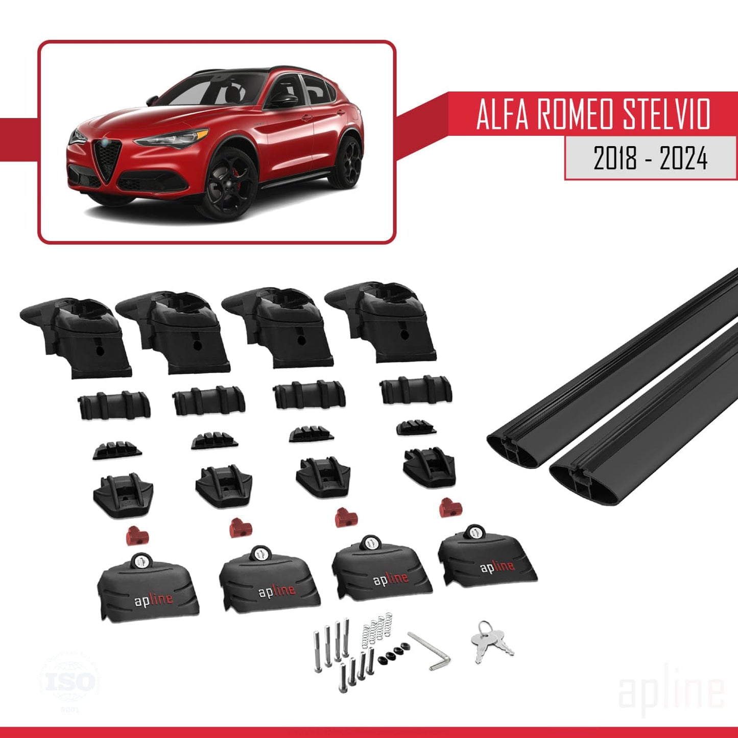 Compatible with Alfa Romeo Stelvio 2018-2024 ACE-2 Car Roof Rack Cross Bar Black Aluminium 2 Bars