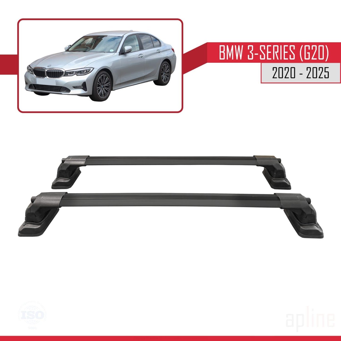 Compatible with BMW 3 Series (G20) 2020-2025 ACE-3 Car Roof Rack Cross Bar Black Aluminium 2 Bars