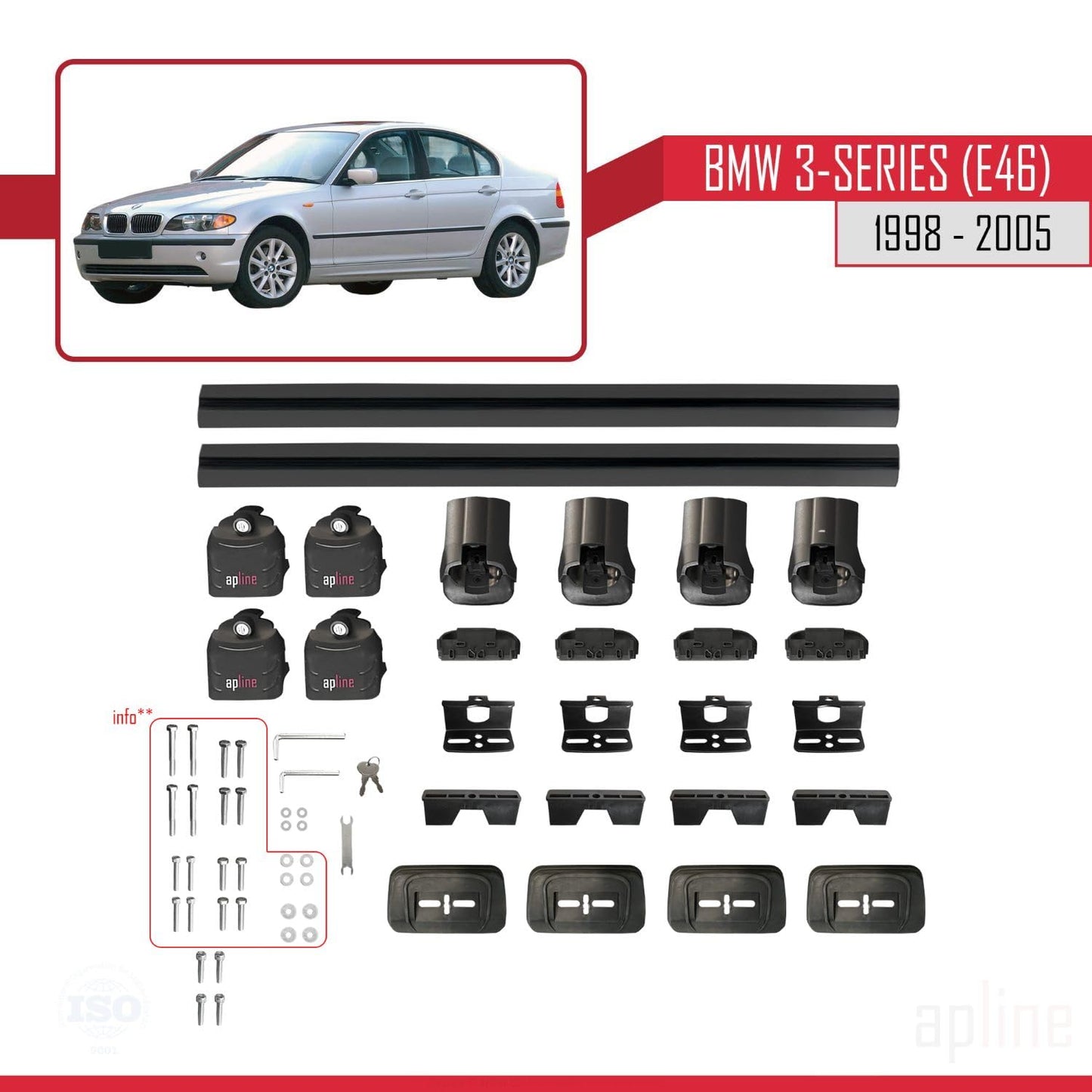 Compatible with BMW 3 Series (E46) 1998-2005 ACE-3 Car Roof Rack Cross Bar Black Aluminium 2 Bars