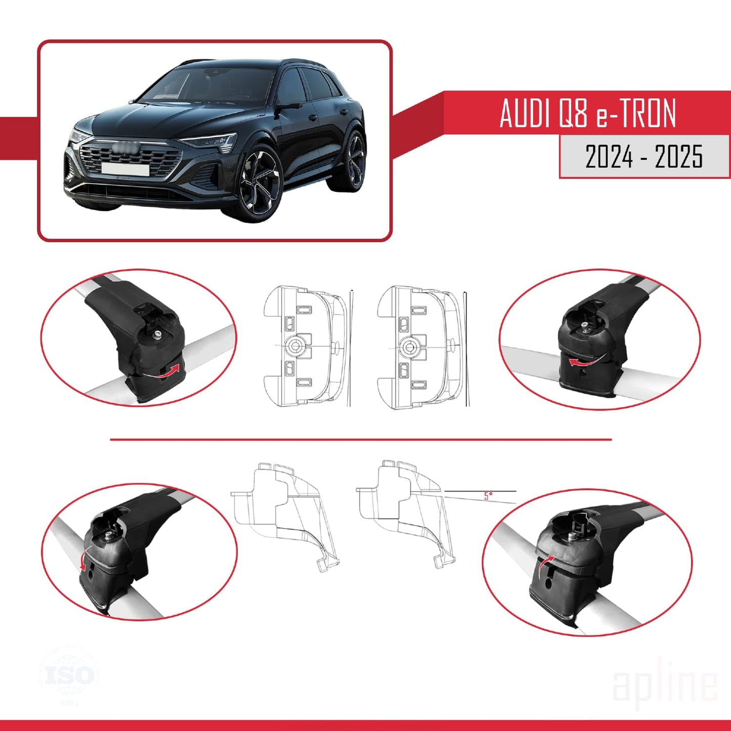 Compatible with Audi Q8 e-Tron 2024-2025 ACE-2 Car Roof Rack Cross Bar Grey Aluminium 2 Bars