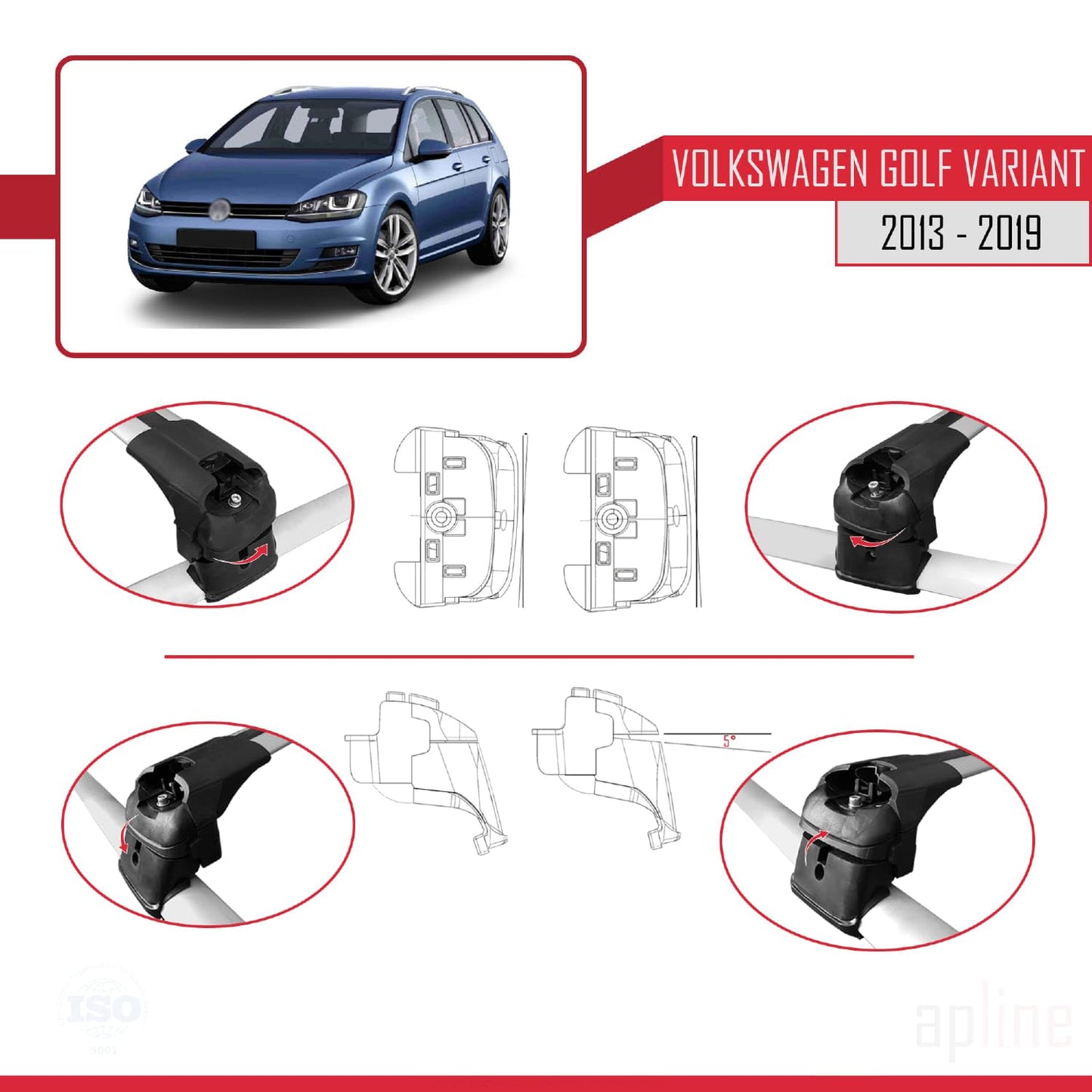 Compatible with Volkswagen Golf 7 (5G) Variant 2013-2019 ACE-2 Car Roof Rack Cross Bar Grey Aluminium 2 Bars
