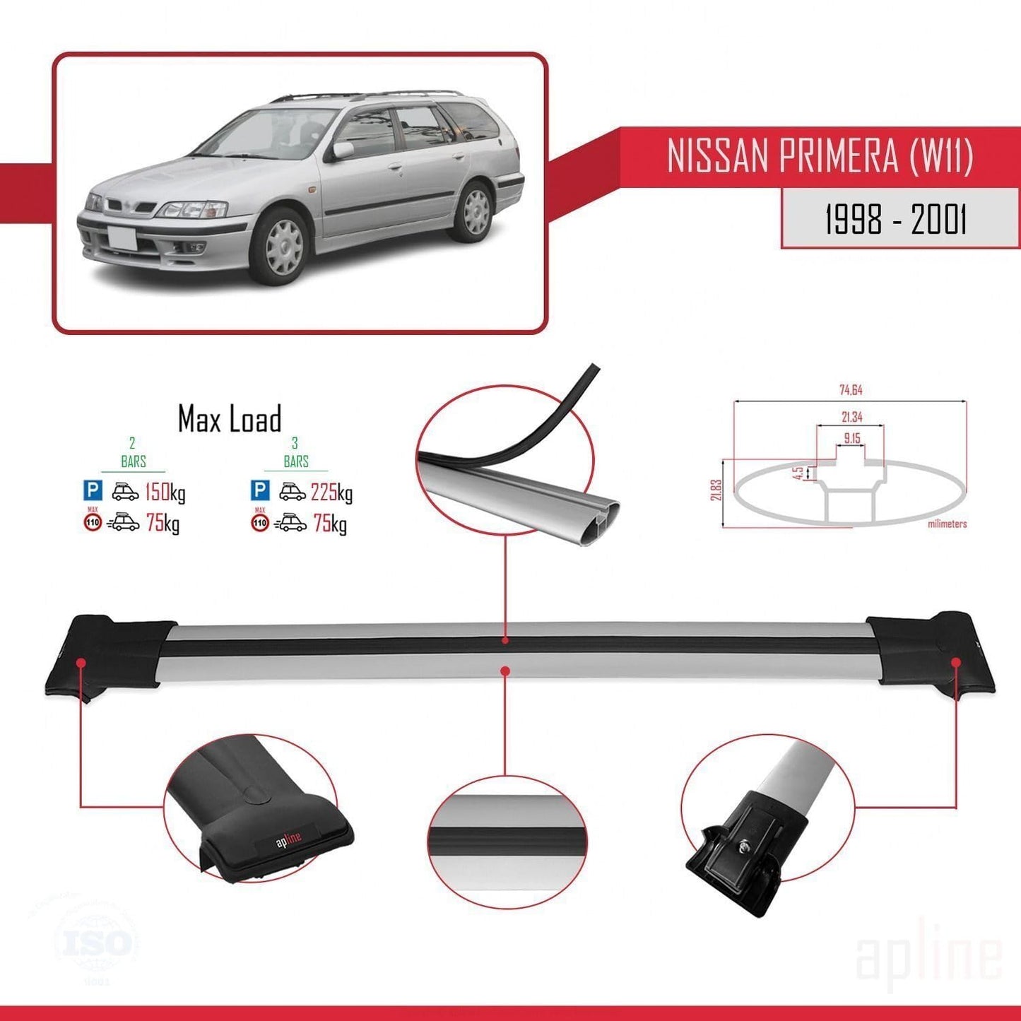 Compatible with Nissan Primera 2 (W11) Traveller 1998-2001 Fly Model Car Roof Rack Cross Bar Grey Aluminium 2 Bars