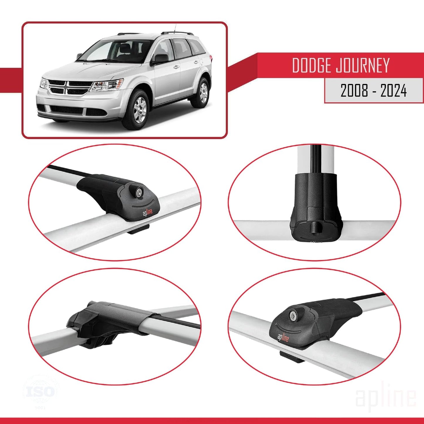 Compatible with Dodge Journey 2008-2024 ACE-1 Car Roof Rack Cross Bar Grey Aluminium 2 Bars