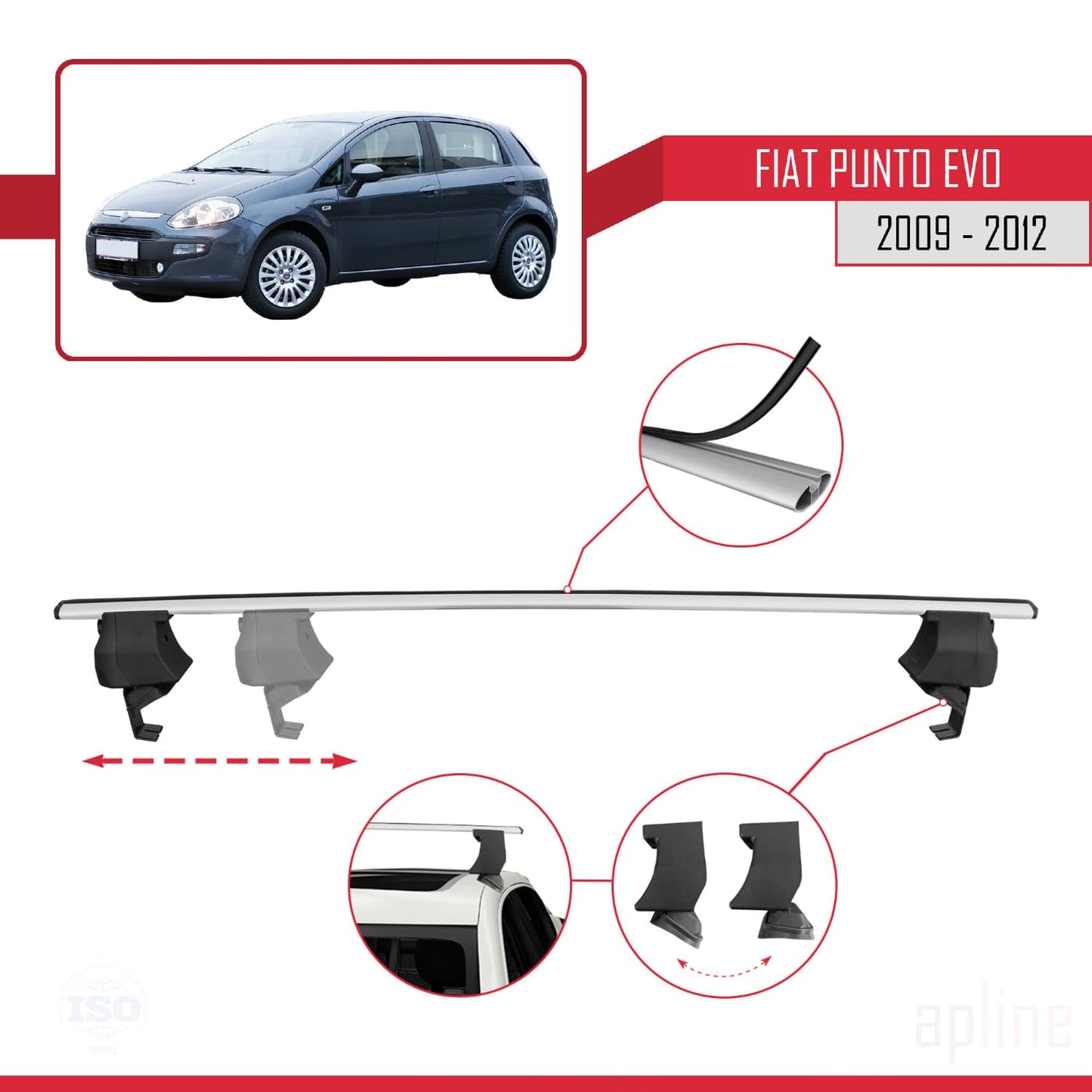 Compatible with Fiat Punto Evo (199) 2009-2012 ACE-4 Car Roof Rack Cross Bar Grey Aluminium 2 Bars