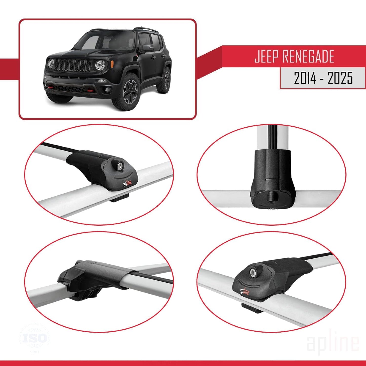 Compatible with Jeep Renegade (BU) 2014-2025 ACE-1 Car Roof Rack Cross Bar Grey Aluminium 2 Bars