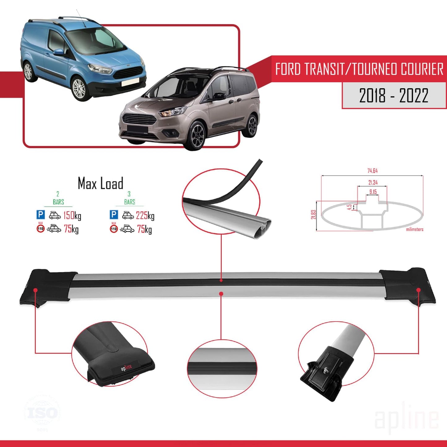 Compatible with Ford Transit/Tourneo Courier Post-Facelift 2018-2022 Fly Model Car Roof Rack Cross Bar Grey Aluminium 2 Bars