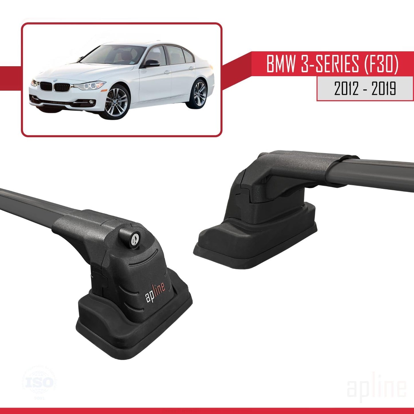 Compatible with BMW 3 Series (F30) 2012-2019 ACE-3 Car Roof Rack Cross Bar Black Aluminium 2 Bars