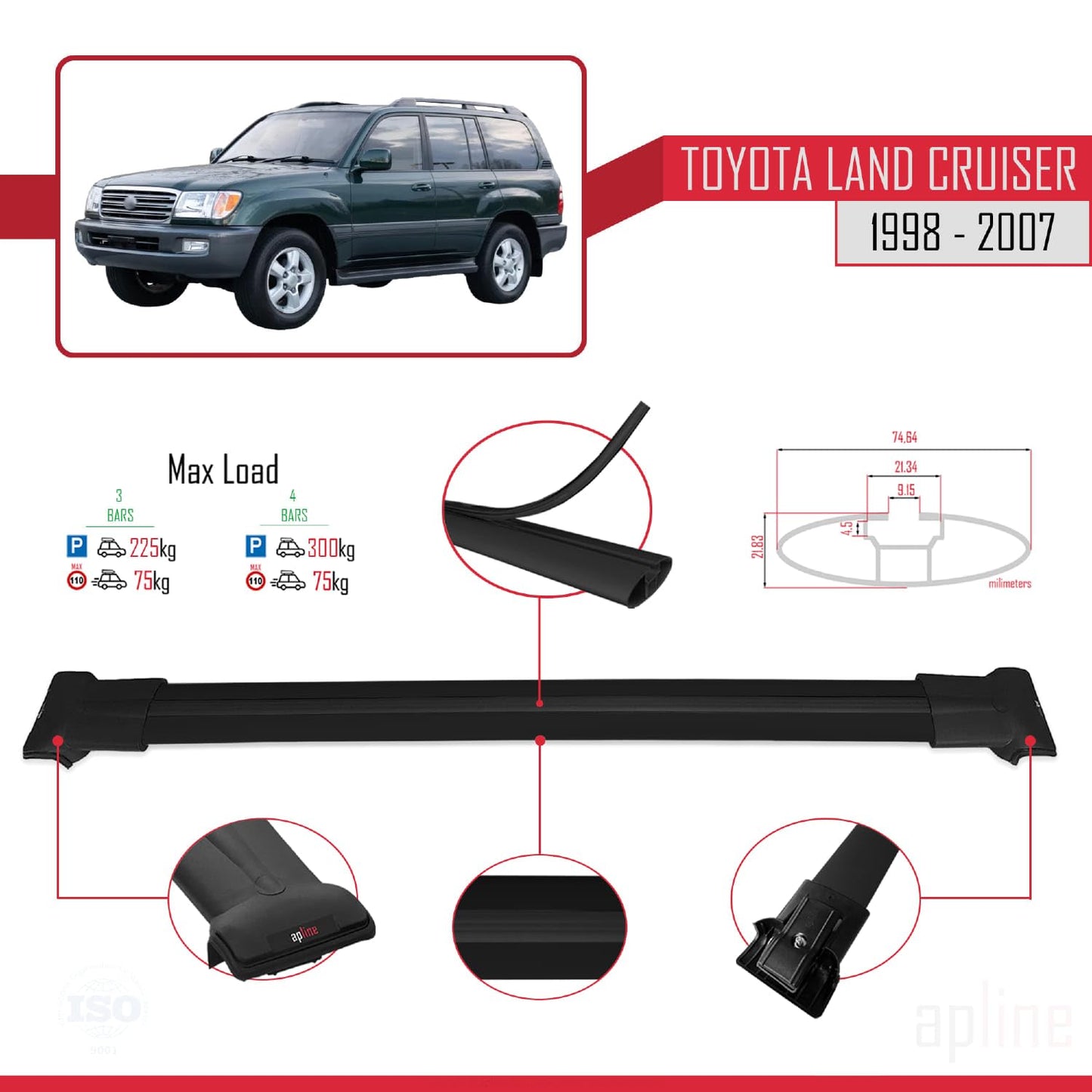 Compatible with Toyota Land Cruiser 1998-2007 Fly Model Car Roof Rack Cross Bar Black Aluminium 3 Bars