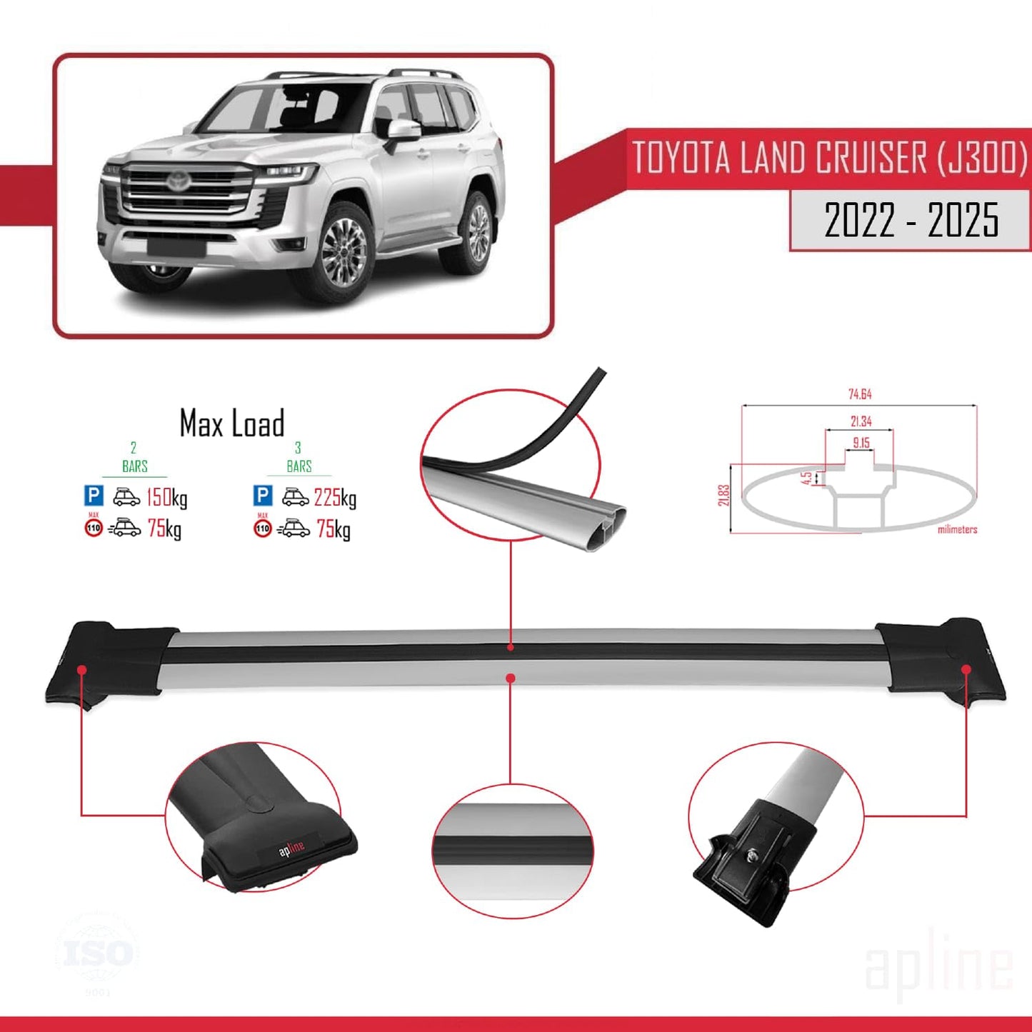 Compatible with Toyota Land Cruiser (J300) 2022-2025 Fly Model Car Roof Rack Cross Bar Grey Aluminium 2 Bars