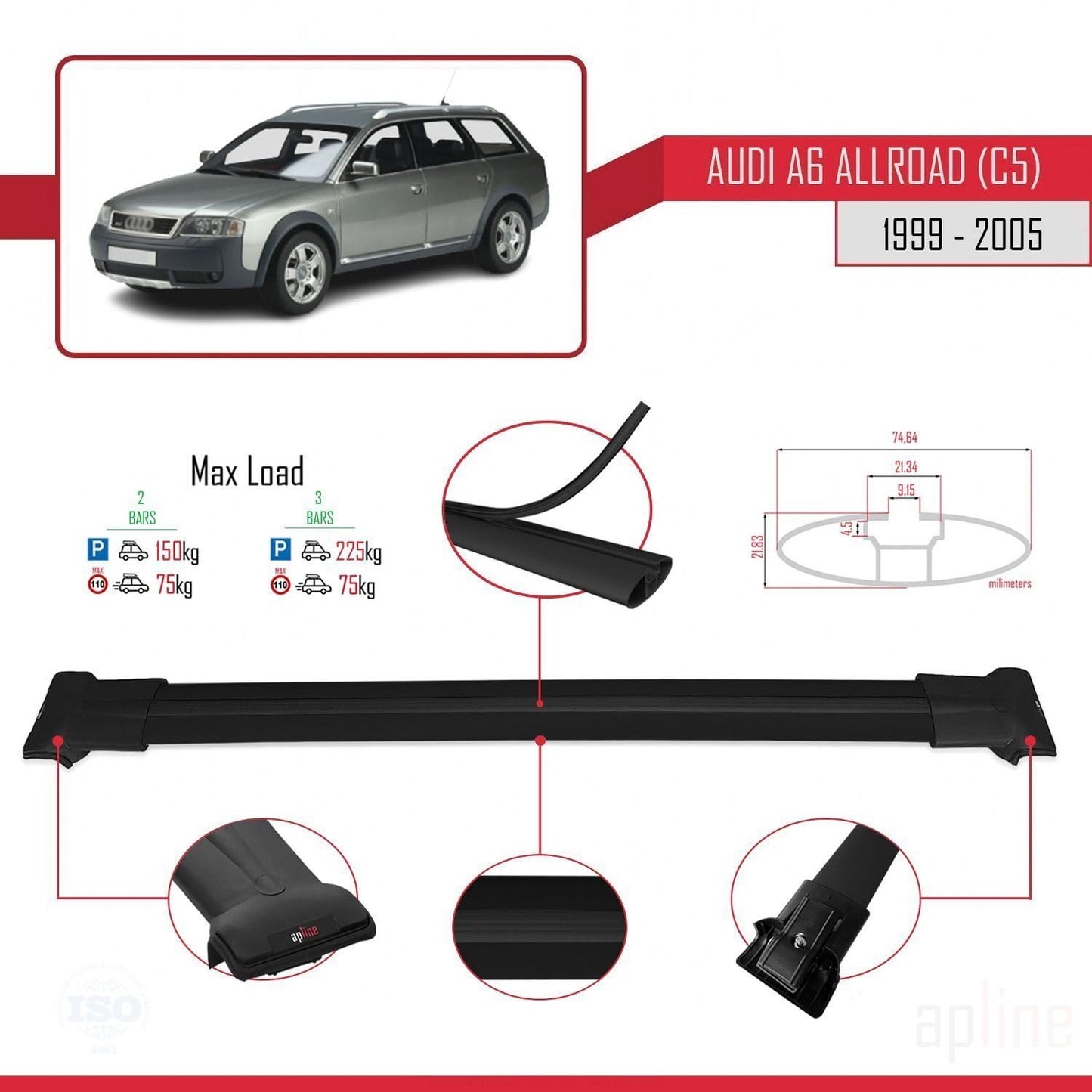 Compatible with Audi A6 (C5) Allroad 1999-2005 Fly Model Car Roof Rack Cross Bar Black Aluminium 2 Bars