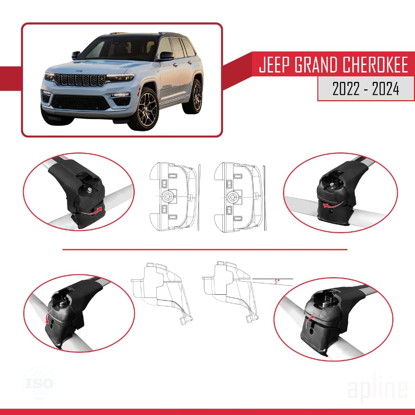 Compatible with Jeep Grand Cherokee 2022-2024 ACE-2 Car Roof Rack Cross Bar Grey Aluminium 2 Bars