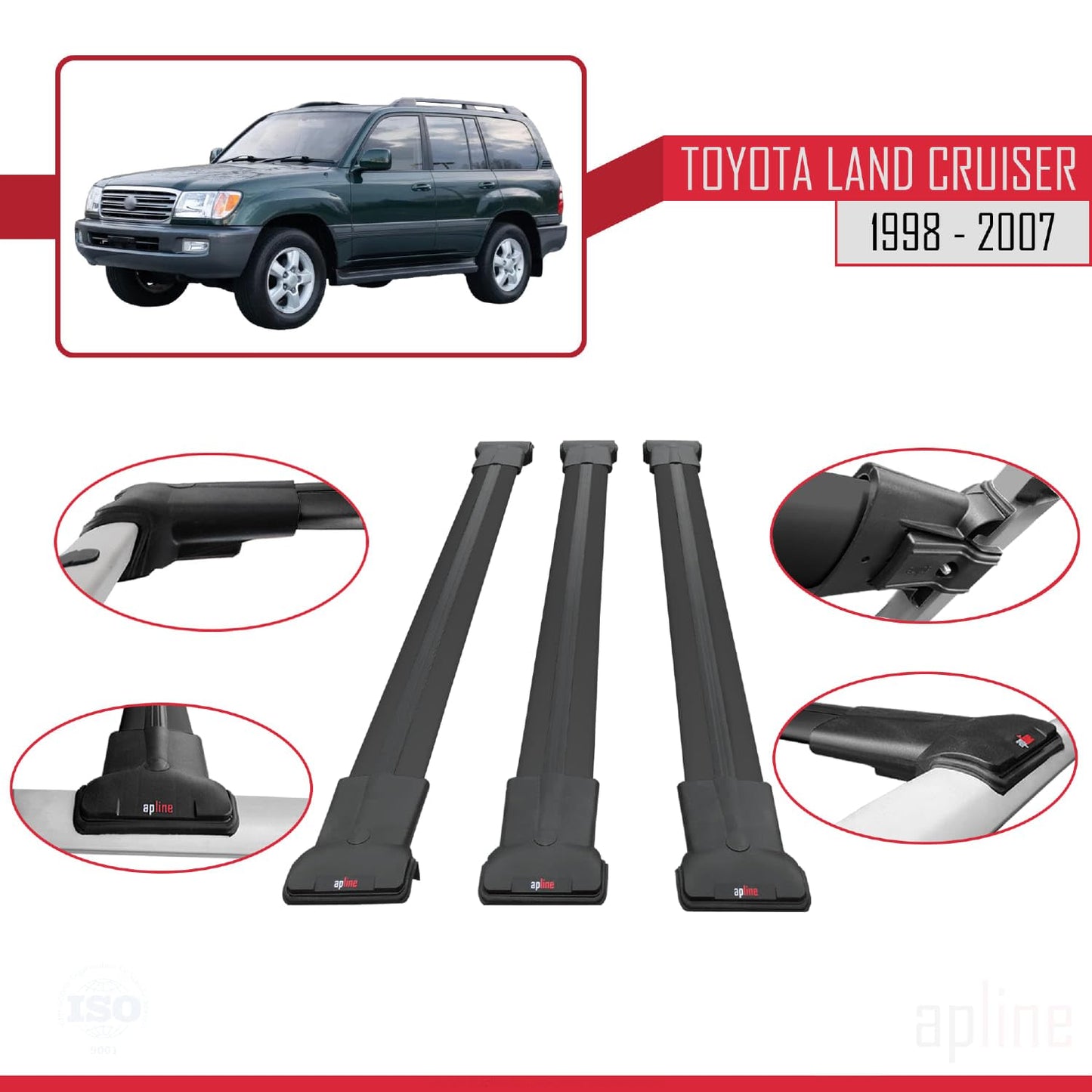 Compatible with Toyota Land Cruiser 1998-2007 Fly Model Car Roof Rack Cross Bar Black Aluminium 3 Bars