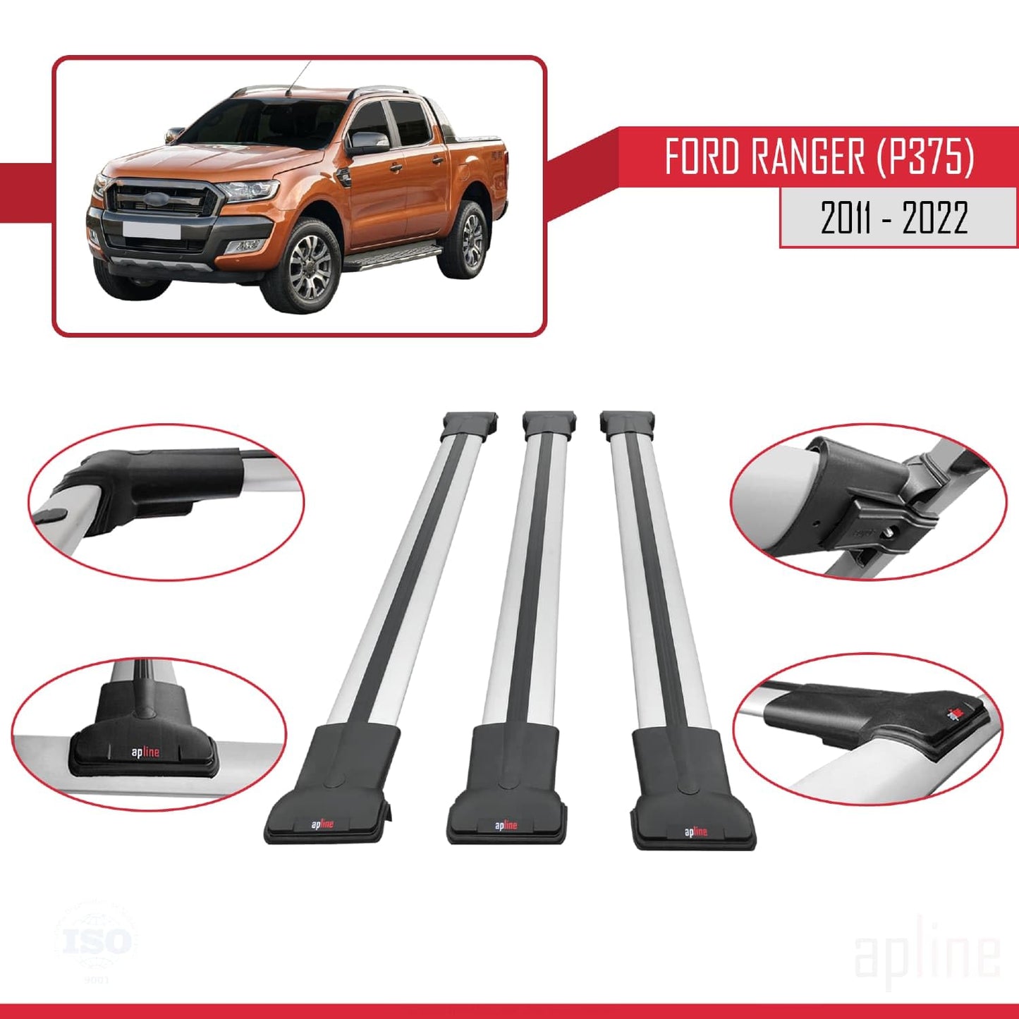 Compatible with Ford Ranger (P375) 2011-2022 Fly Model Car Roof Rack Cross Bar Grey Aluminium 3 Bars