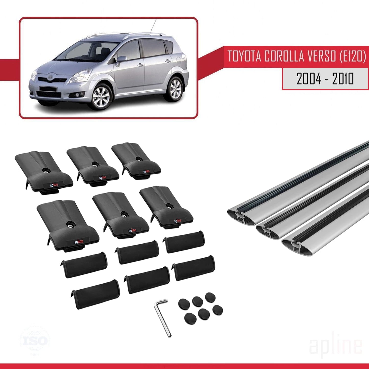 Compatible with Toyota Corolla Verso 2 (AR10) 2004-2010 Fly Model Car Roof Rack Cross Bar Grey Aluminium 3 Bars