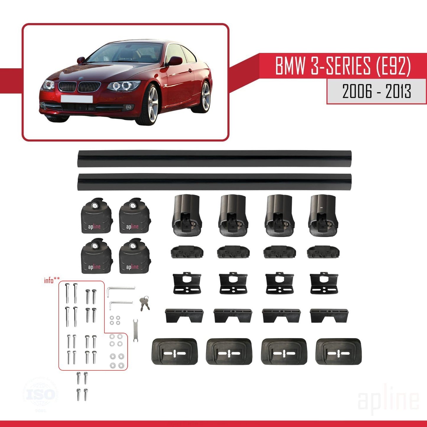 Compatible with BMW 3 Series (E92) 2006-2013 ACE-3 Car Roof Rack Cross Bar Black Aluminium 2 Bars