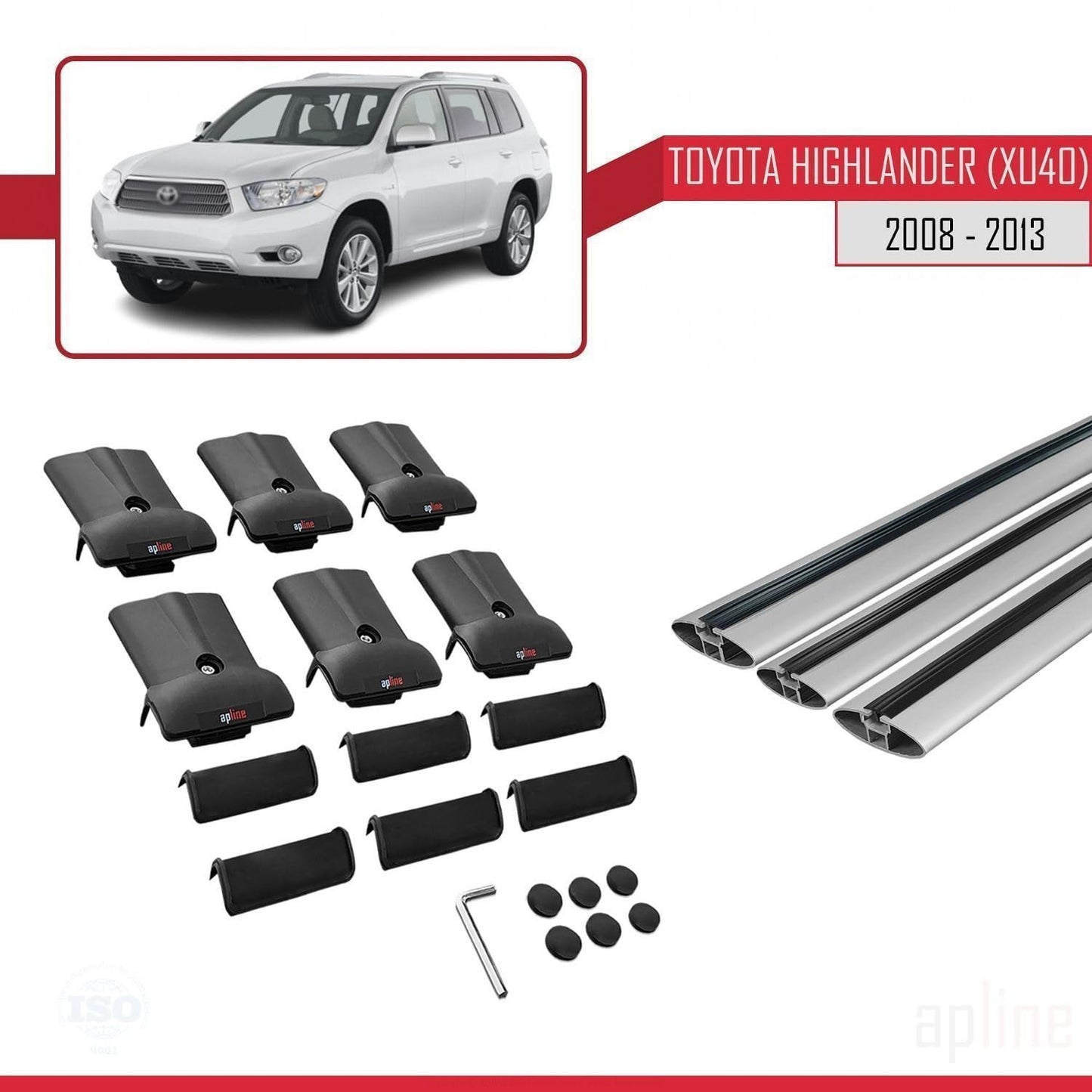 Compatible with Toyota Highlander (XU40) 2008-2013 Fly Model Car Roof Rack Cross Bar Grey Aluminium 3 Bars