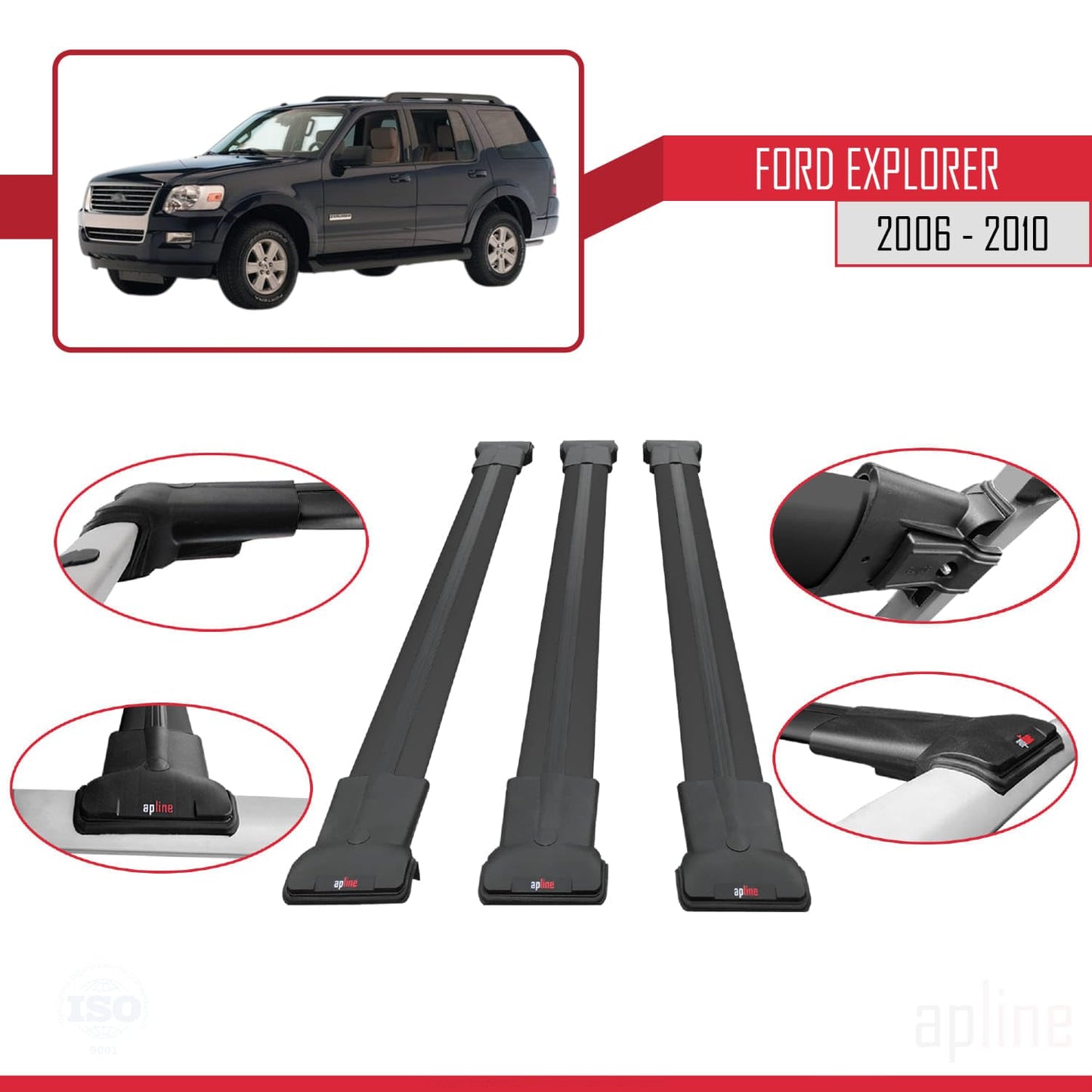 Compatible with Ford Explorer 2006-2010 Fly Model Car Roof Rack Cross Bar Black Aluminium 3 Bars