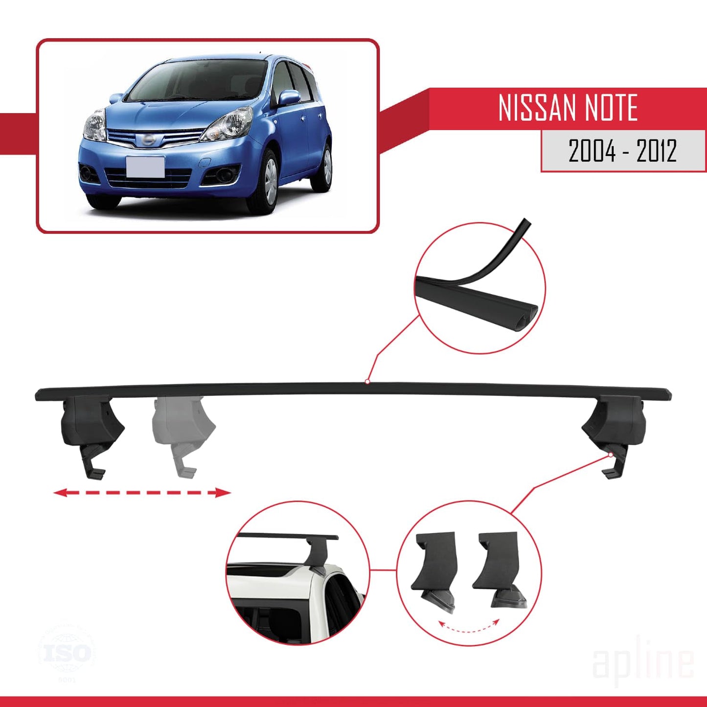 Compatible with Nissan Note (E11) 2004-2012 ACE-4 Car Roof Rack Cross Bar Black Aluminium 2 Bars