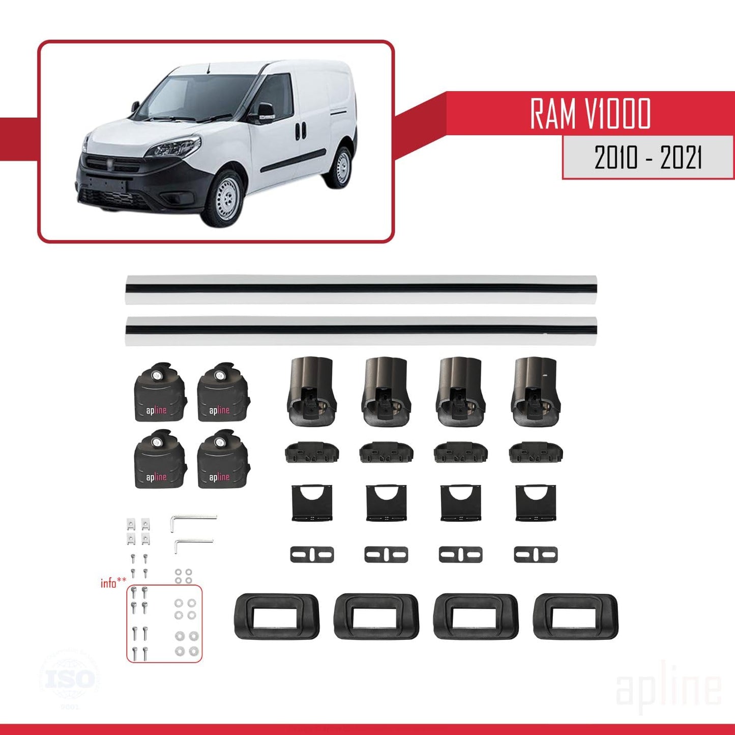 Compatible with Ram V1000 2010-2021 ACE-3 Car Roof Rack Cross Bar Grey Aluminium 2 Bars