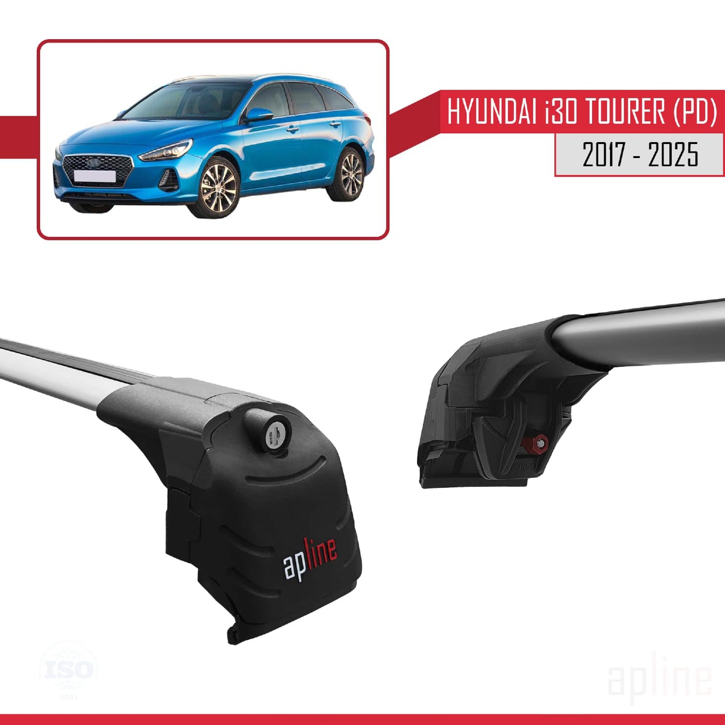 Compatible with Hyundai i30 3 (PD) Tourer 2017-2025 ACE-2 Car Roof Rack Cross Bar Grey Aluminium 2 Bars