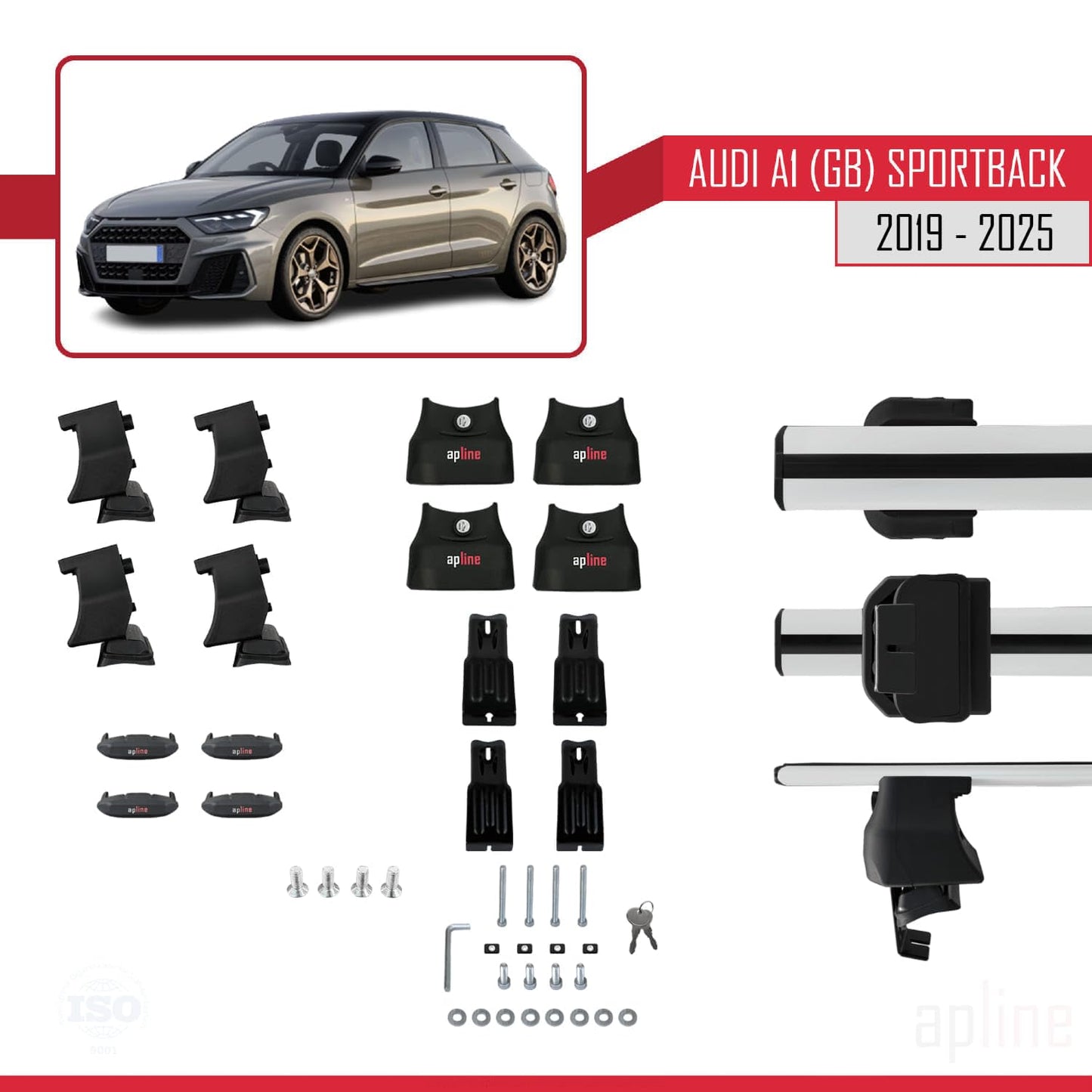 Compatible with Audi A1 (GB) Sportback 2019-2025 ACE-4 Car Roof Rack Cross Bar Grey Aluminium 2 Bars