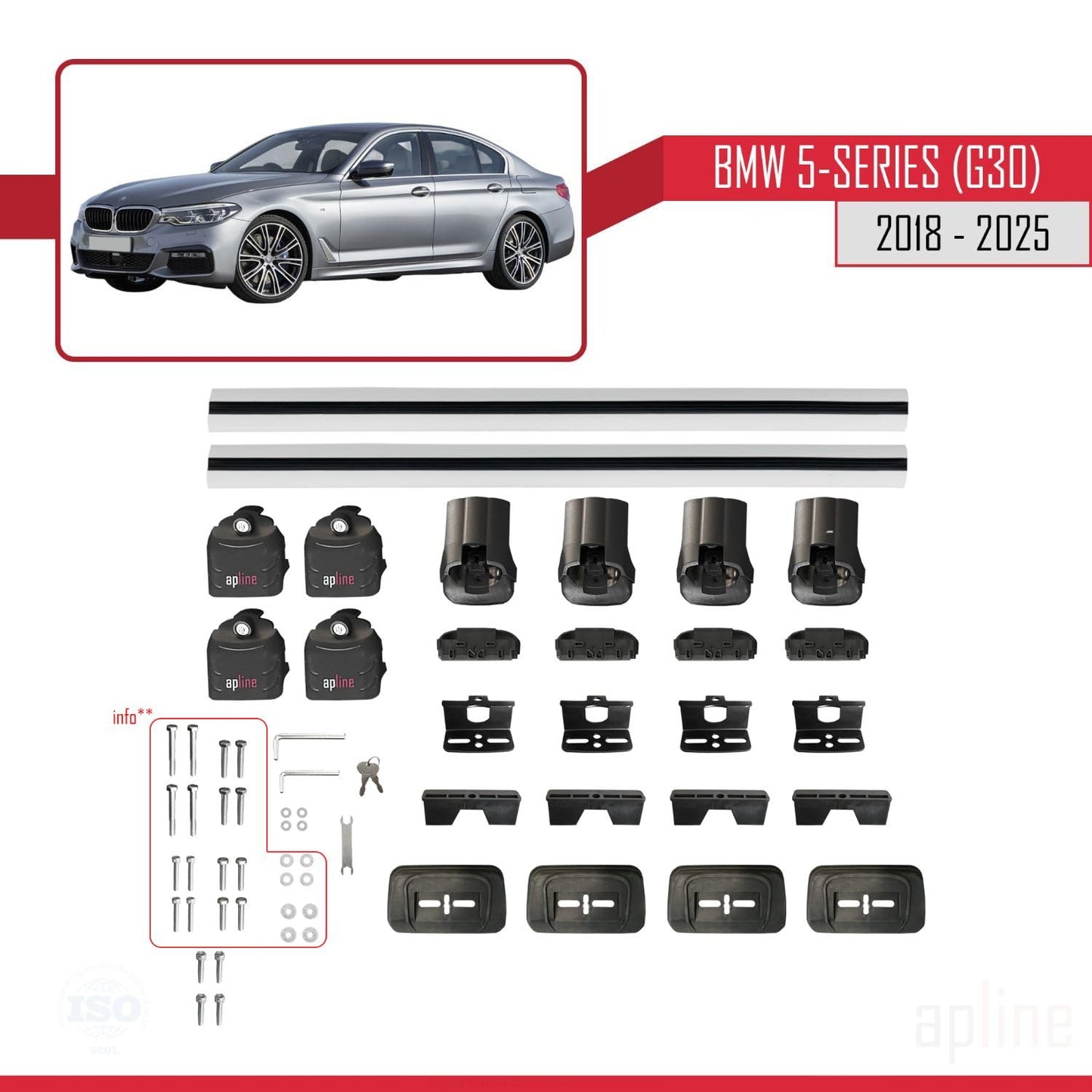 Compatible with BMW 5 Series (G30) 2018-2025 ACE-3 Car Roof Rack Cross Bar Grey Aluminium 2 Bars