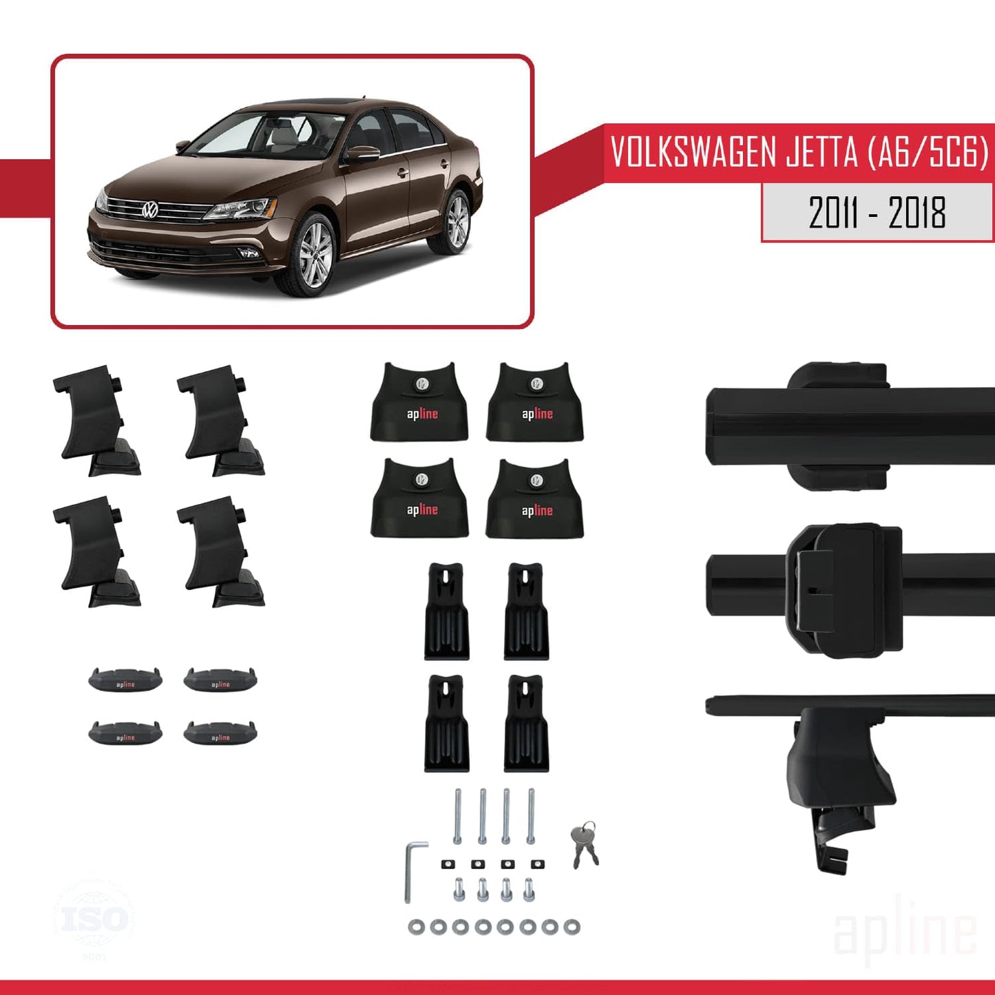Compatible with Volkswagen Jetta 6 (5C6) 2011-2018 ACE-4 Car Roof Rack Cross Bar Black Aluminium 2 Bars
