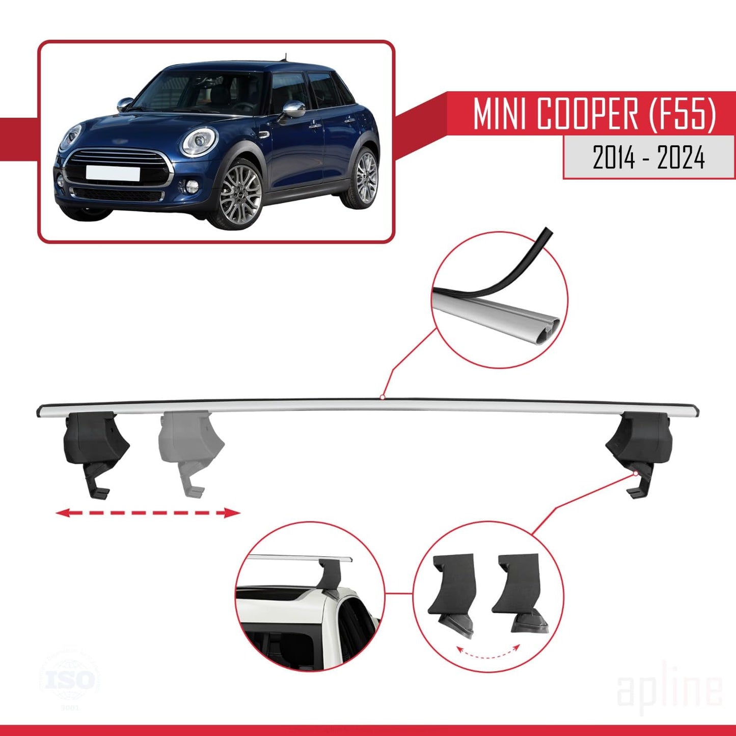 Compatible with Mini Cooper (F55) 2014-2024 ACE-4 Car Roof Rack Cross Bar Grey Aluminium 2 Bars