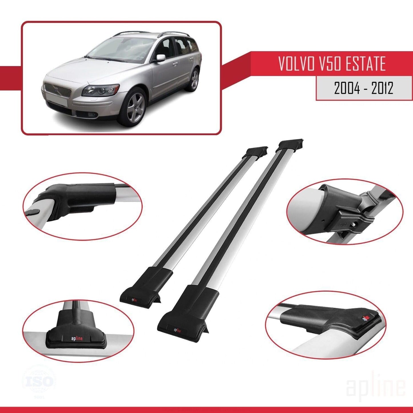 Compatible with Volvo V50 2004-2012 Fly Model Car Roof Rack Cross Bar Grey Aluminium 2 Bars