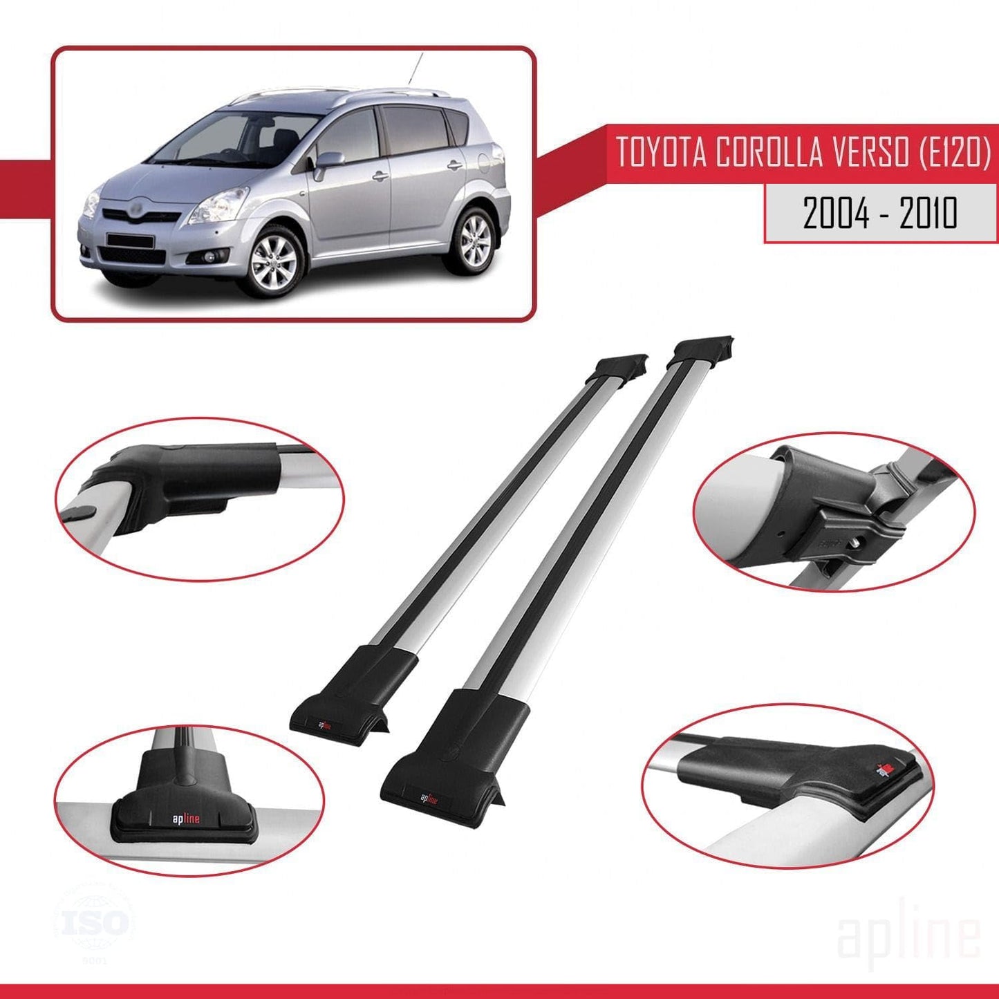 Compatible with Toyota Corolla Verso 2 (AR10) 2004-2010 Fly Model Car Roof Rack Cross Bar Grey Aluminium 2 Bars