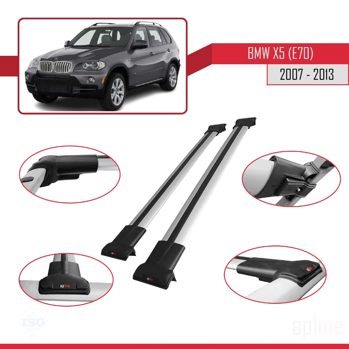 Compatible with BMW X5 (E70) 2007-2013 Fly Model Car Roof Rack Cross Bar Grey Aluminium 2 Bars
