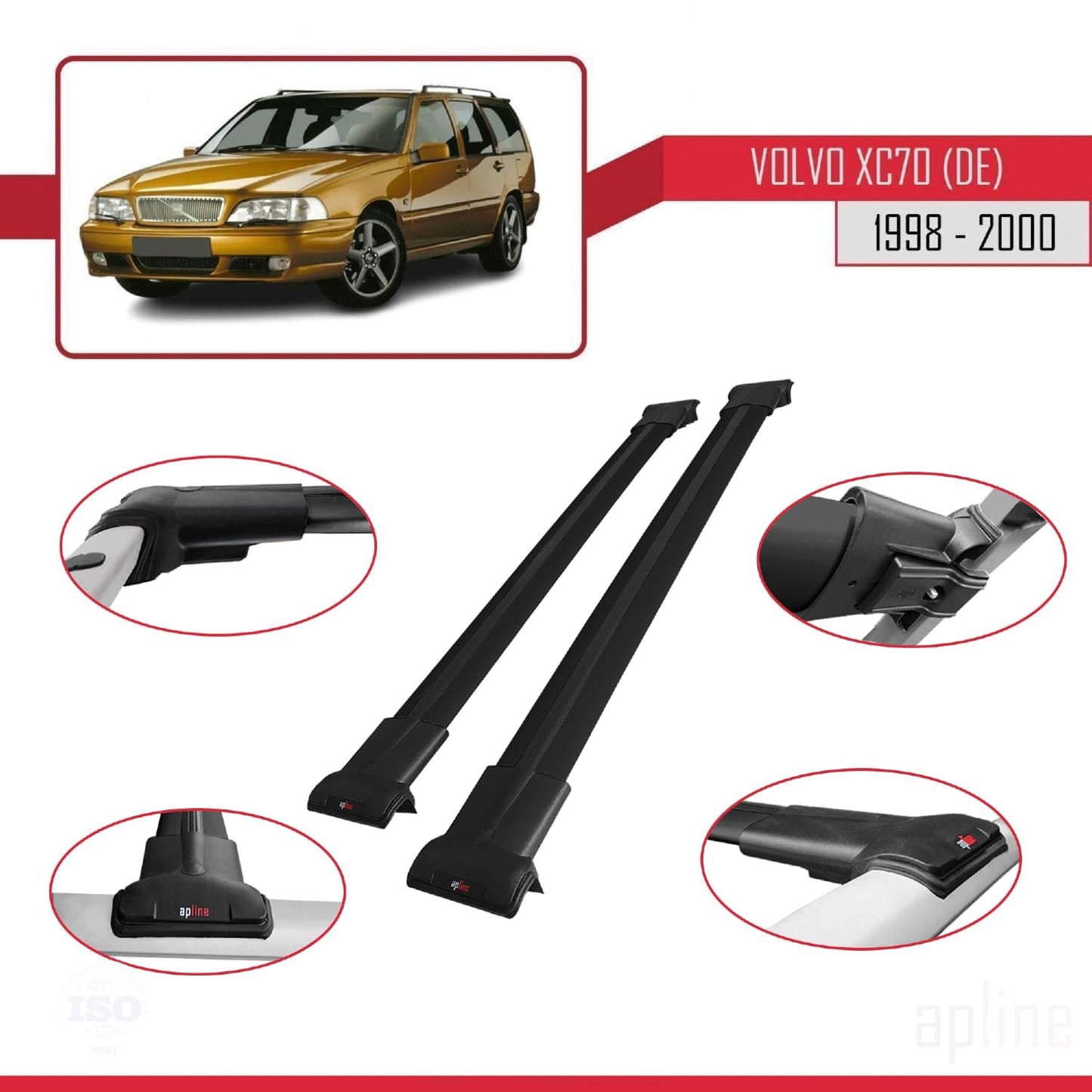 Compatible with Volvo XC70 1998-2000 Fly Model Car Roof Rack Cross Bar Black Aluminium 2 Bars