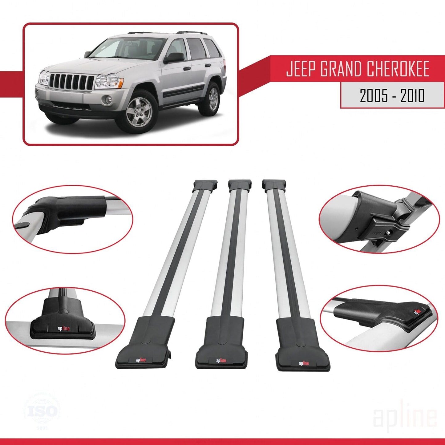 Compatible with Jeep Grand Cherokee 3 (WK) 2005-2010 Fly Model Car Roof Rack Cross Bar Grey Aluminium 3 Bars