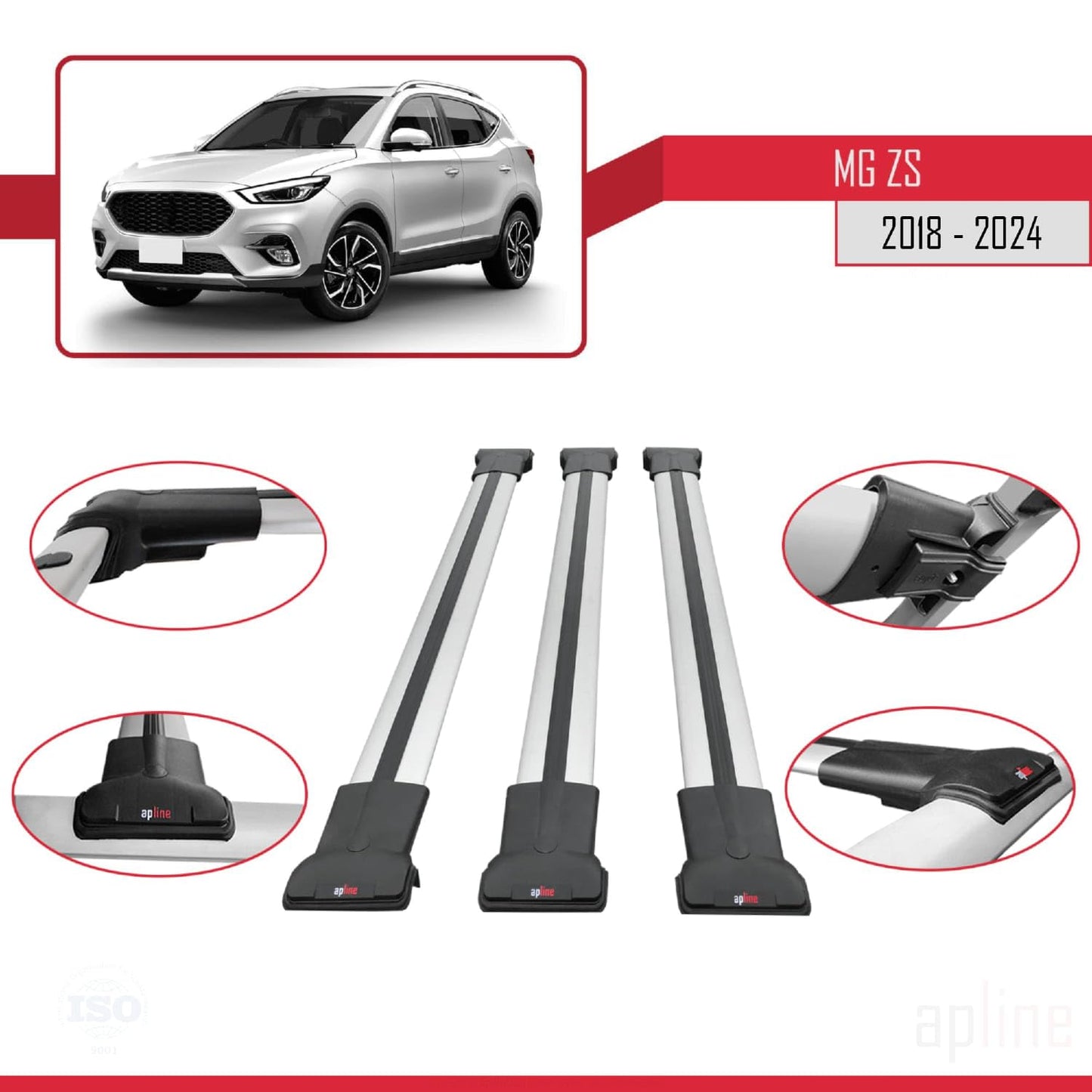 Compatible with MG ZS 2018-2024 Fly Model Car Roof Rack Cross Bar Grey Aluminium 3 Bars
