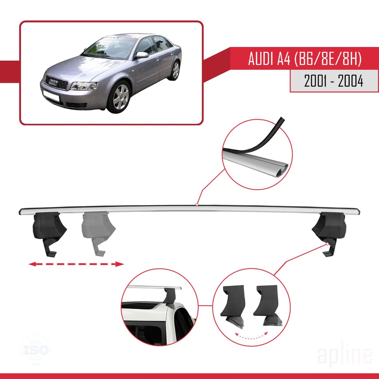 Compatible with Audi A4 (B6) 2001-2004 ACE-4 Car Roof Rack Cross Bar Grey Aluminium 2 Bars