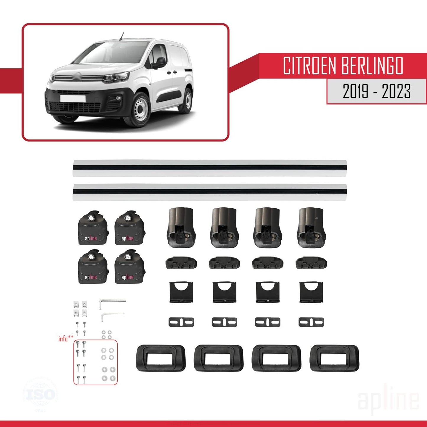 Compatible with Citroen Berlingo 2019-2023 ACE-3 Car Roof Rack Cross Bar Grey Aluminium 2 Bars