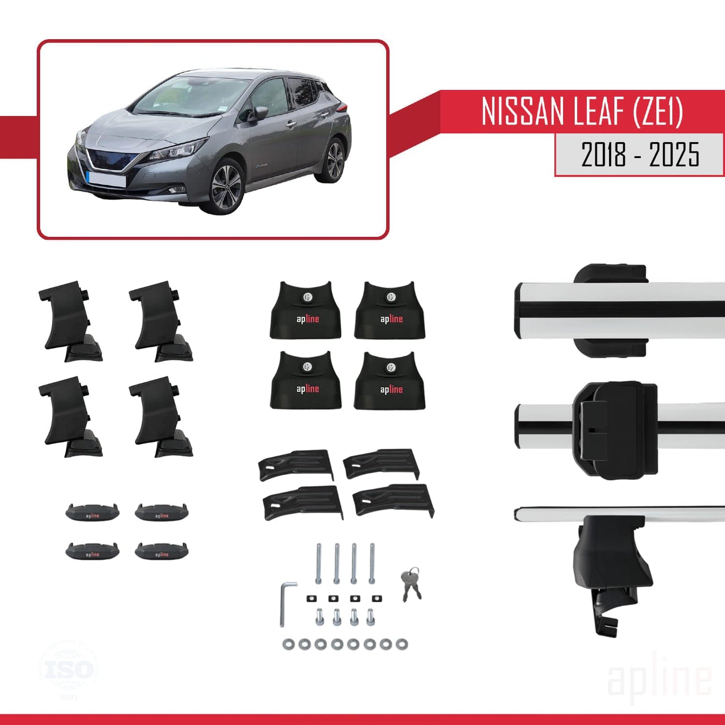 Compatible with Nissan Leaf 2 (ZE1) 2018-2025 ACE-4 Car Roof Rack Cross Bar Grey Aluminium 2 Bars