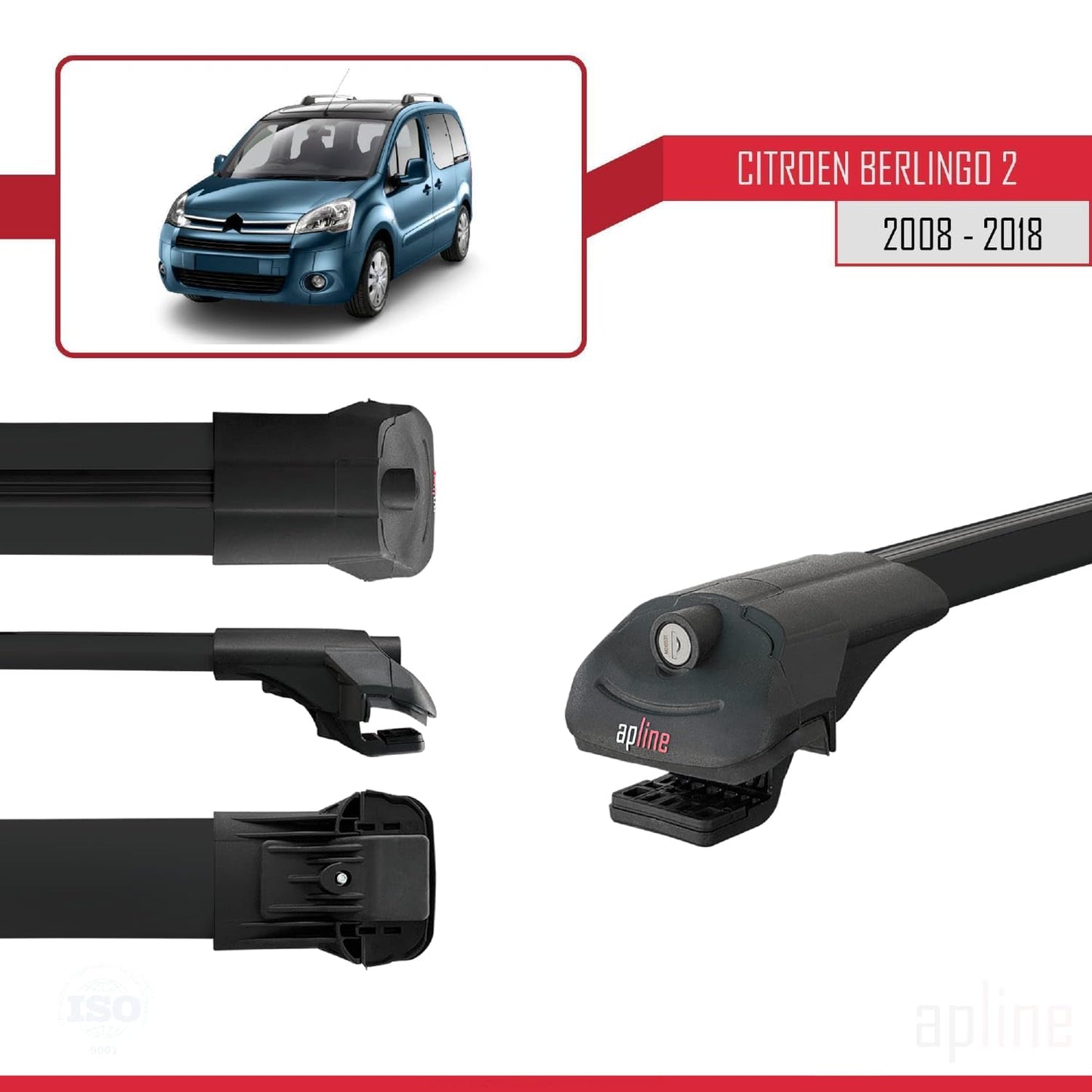 Compatible with Citroen Berlingo 2 (B9) 2008-2018 ACE-1 Car Roof Rack Cross Bar Black Aluminium 3 Bars