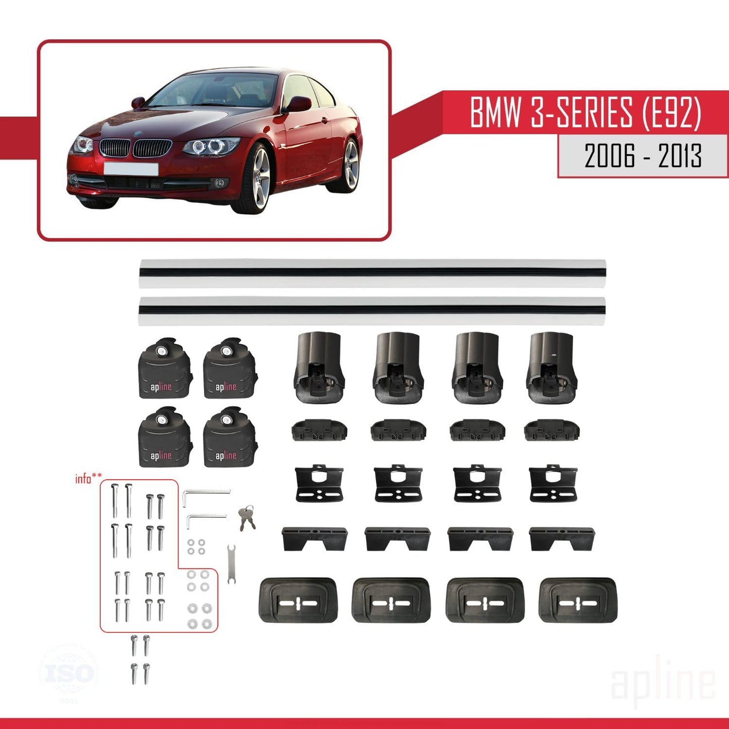 Compatible with BMW 3 Series (E92) 2006-2013 ACE-3 Car Roof Rack Cross Bar Grey Aluminium 2 Bars