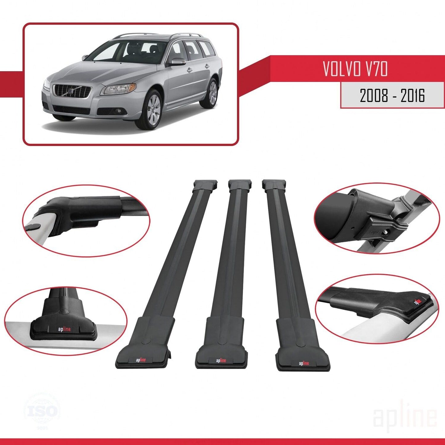 Compatible with Volvo V70 III 2008-2016 Fly Model Car Roof Rack Cross Bar Black Aluminium 3 Bars