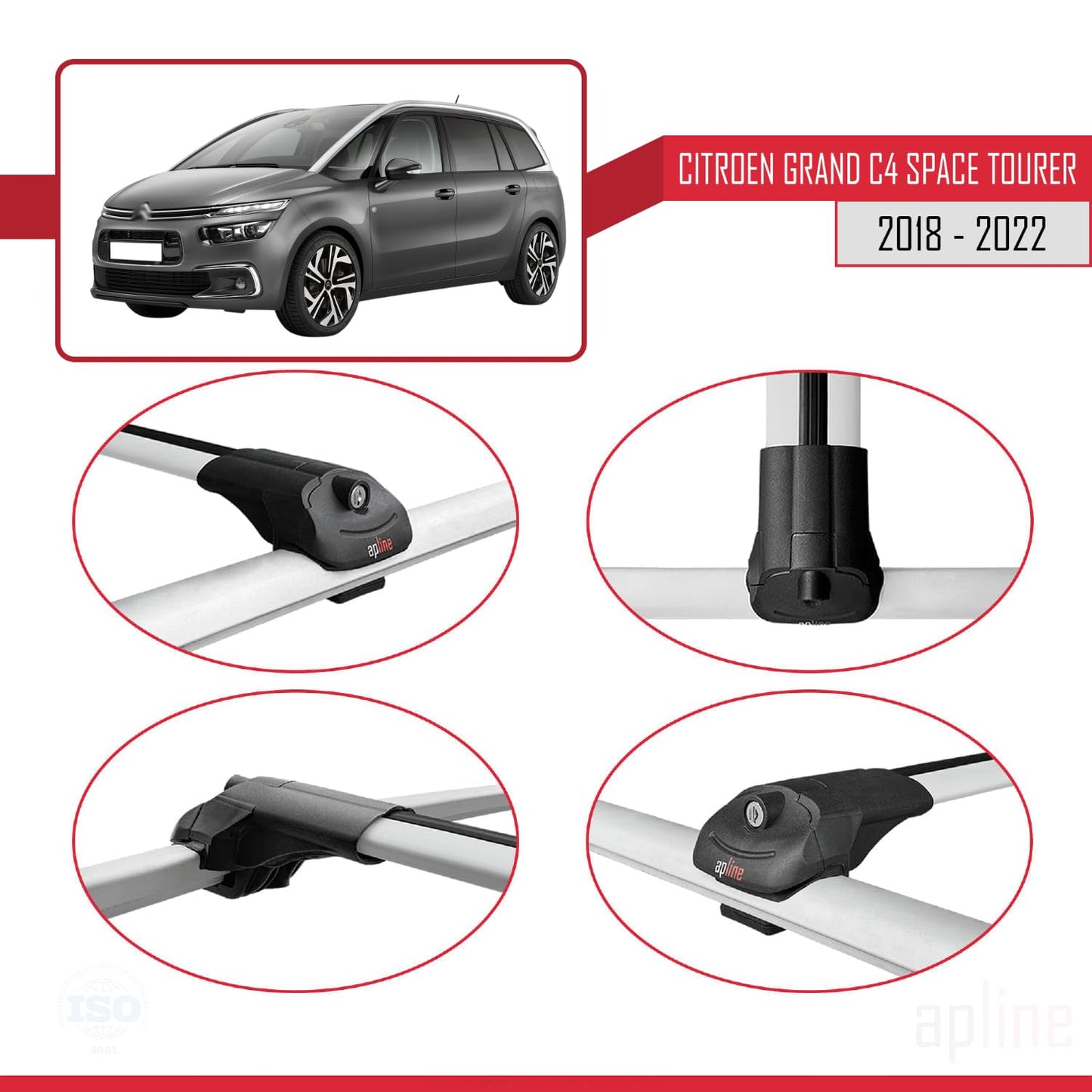 Compatible with Citroen Grand C4 Space Tourer 2018-2022 ACE-1 Car Roof Rack Cross Bar Grey Aluminium 2 Bars