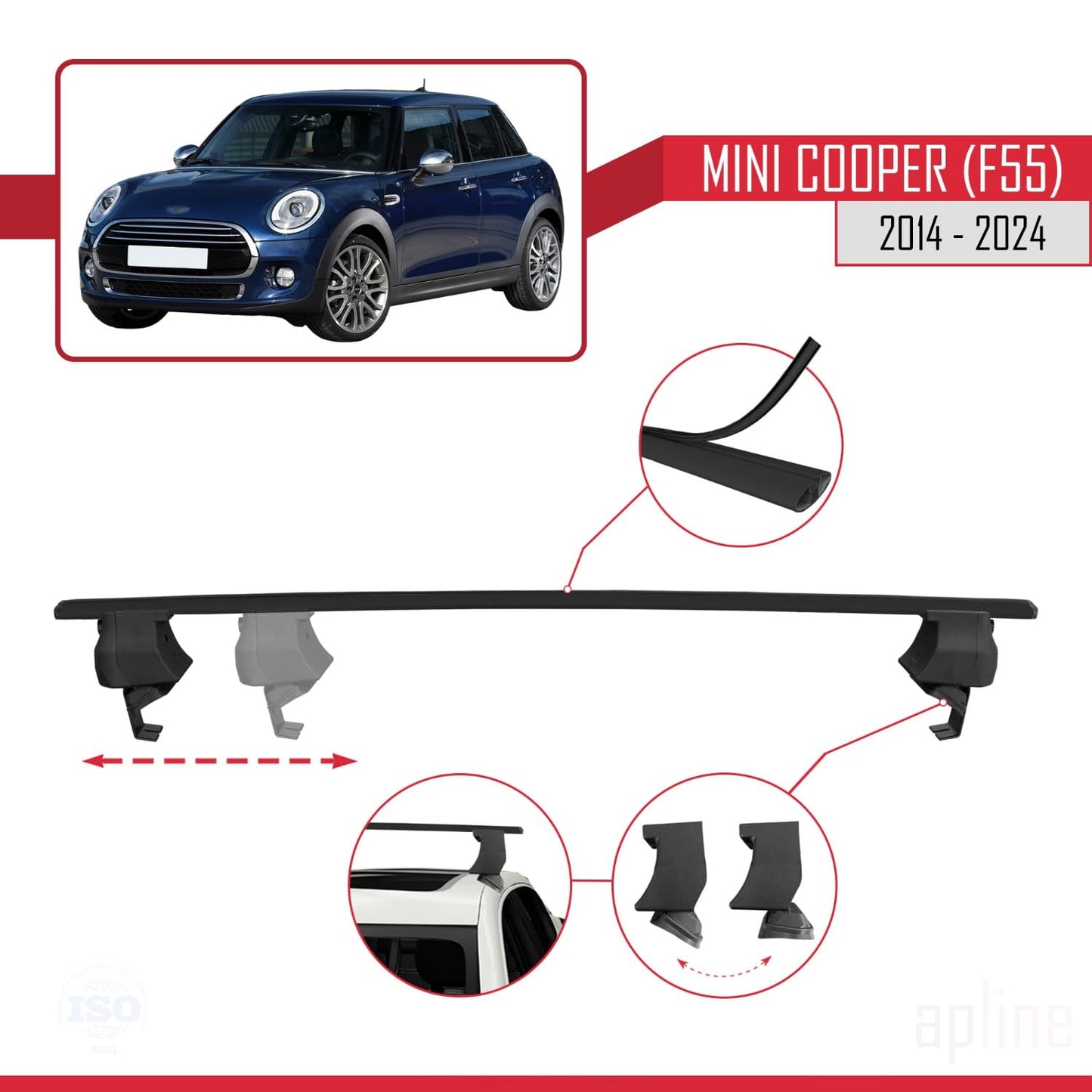 Compatible with Mini Cooper (F55) 2014-2024 ACE-4 Car Roof Rack Cross Bar Black Aluminium 2 Bars