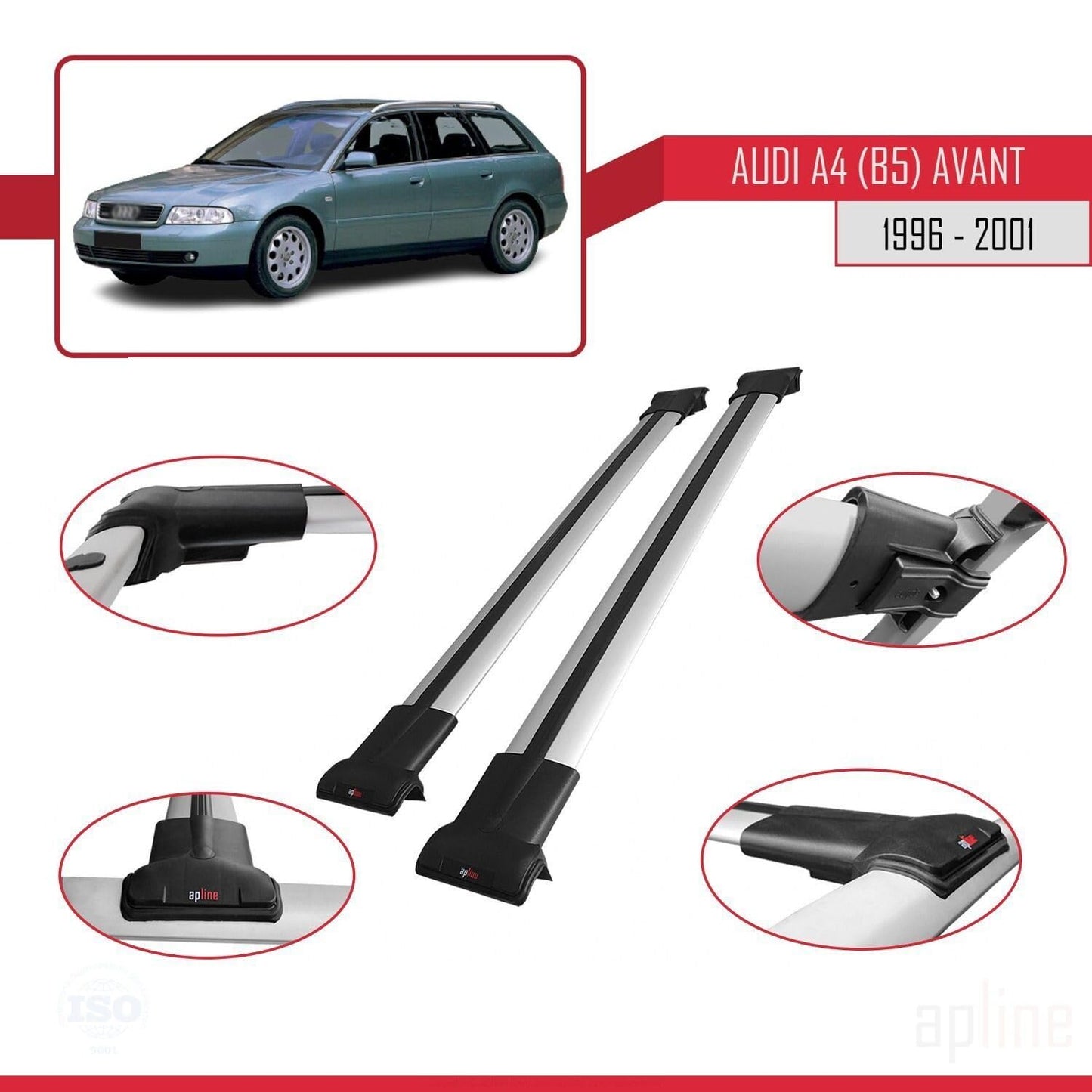 Compatible with Audi A4 (B5) Avant 1996-2001 Fly Model Car Roof Rack Cross Bar Grey Aluminium 2 Bars