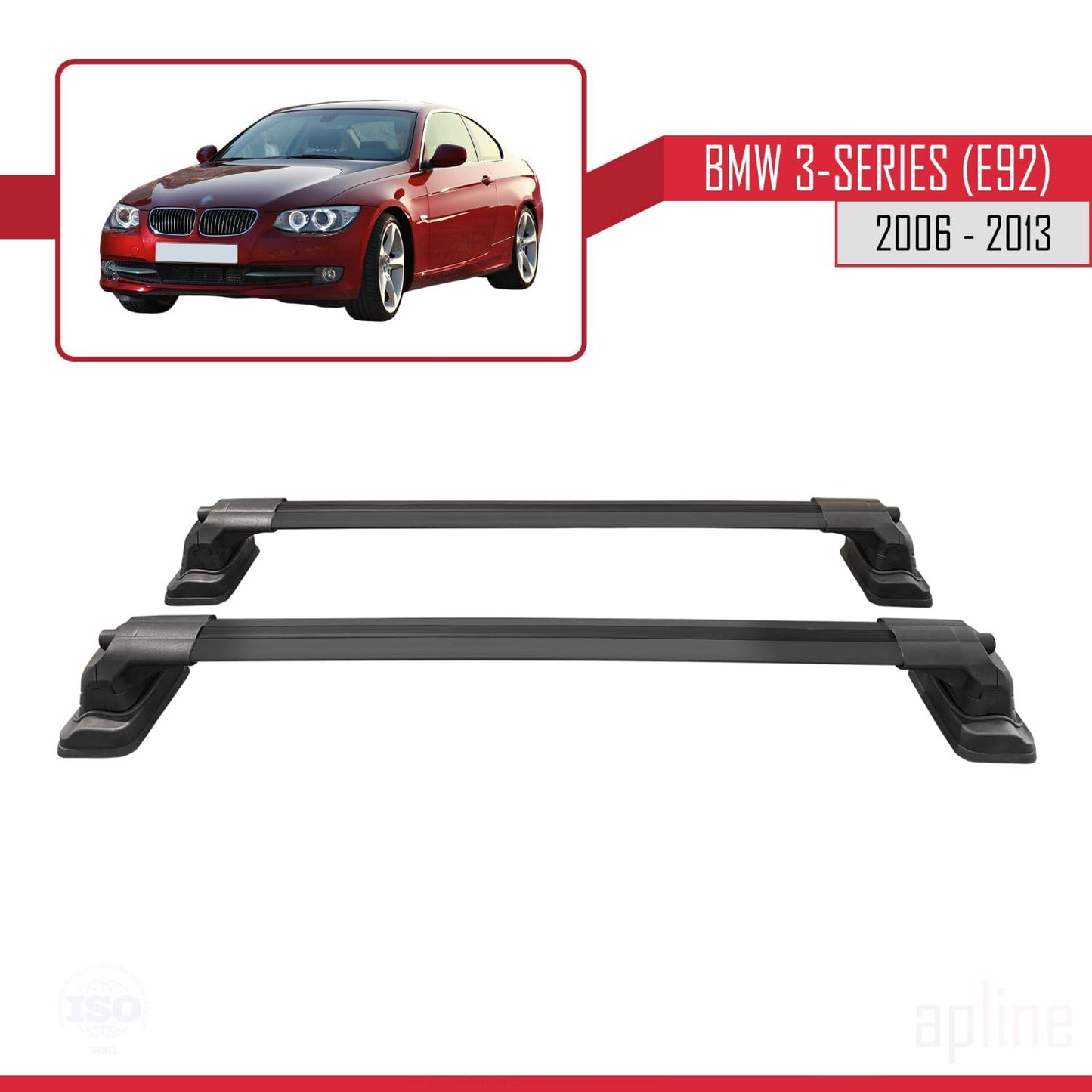 Compatible with BMW 3 Series (E92) 2006-2013 ACE-3 Car Roof Rack Cross Bar Black Aluminium 2 Bars