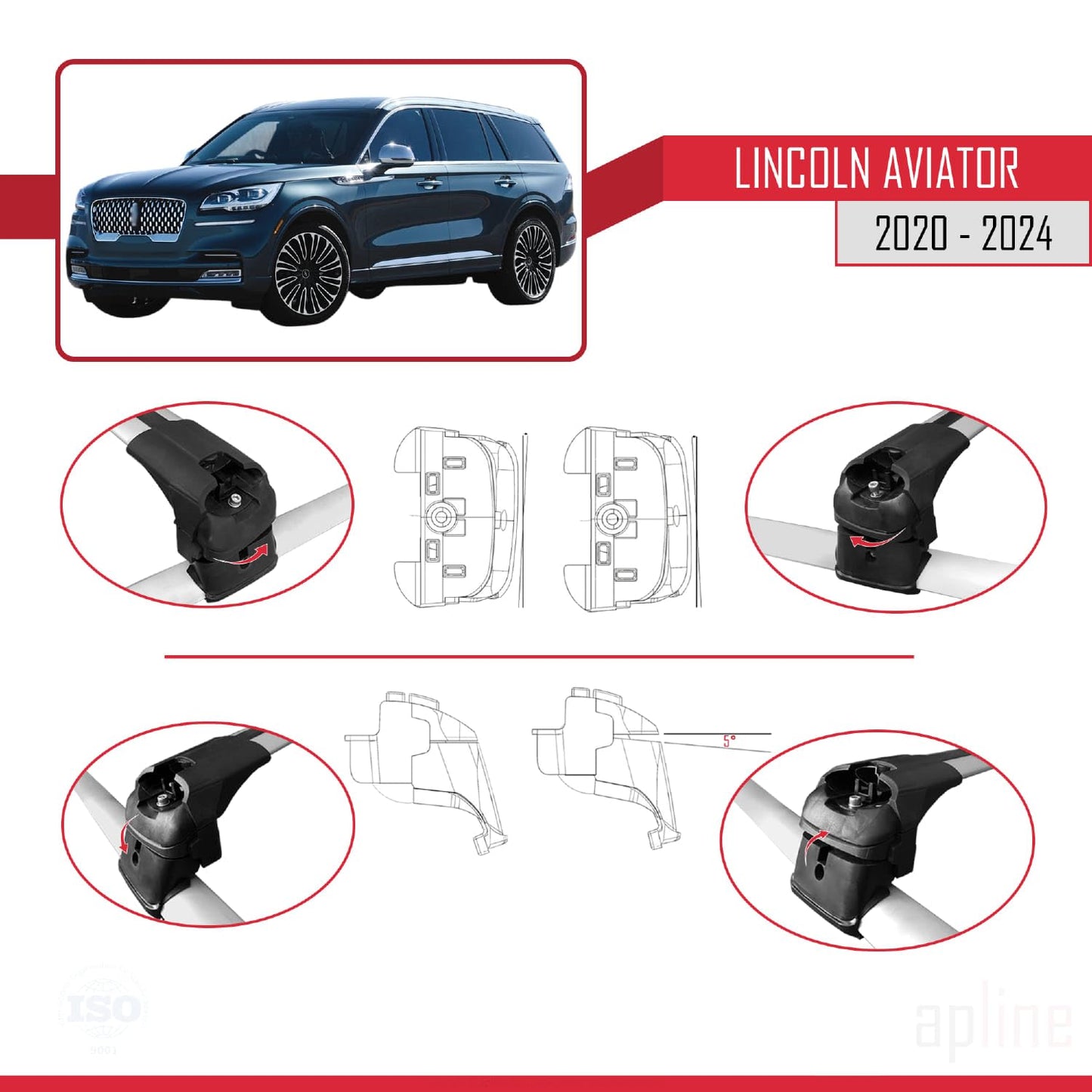 Compatible with Lincoln Aviator 2020-2024 ACE-2 Car Roof Rack Cross Bar Grey Aluminium 2 Bars