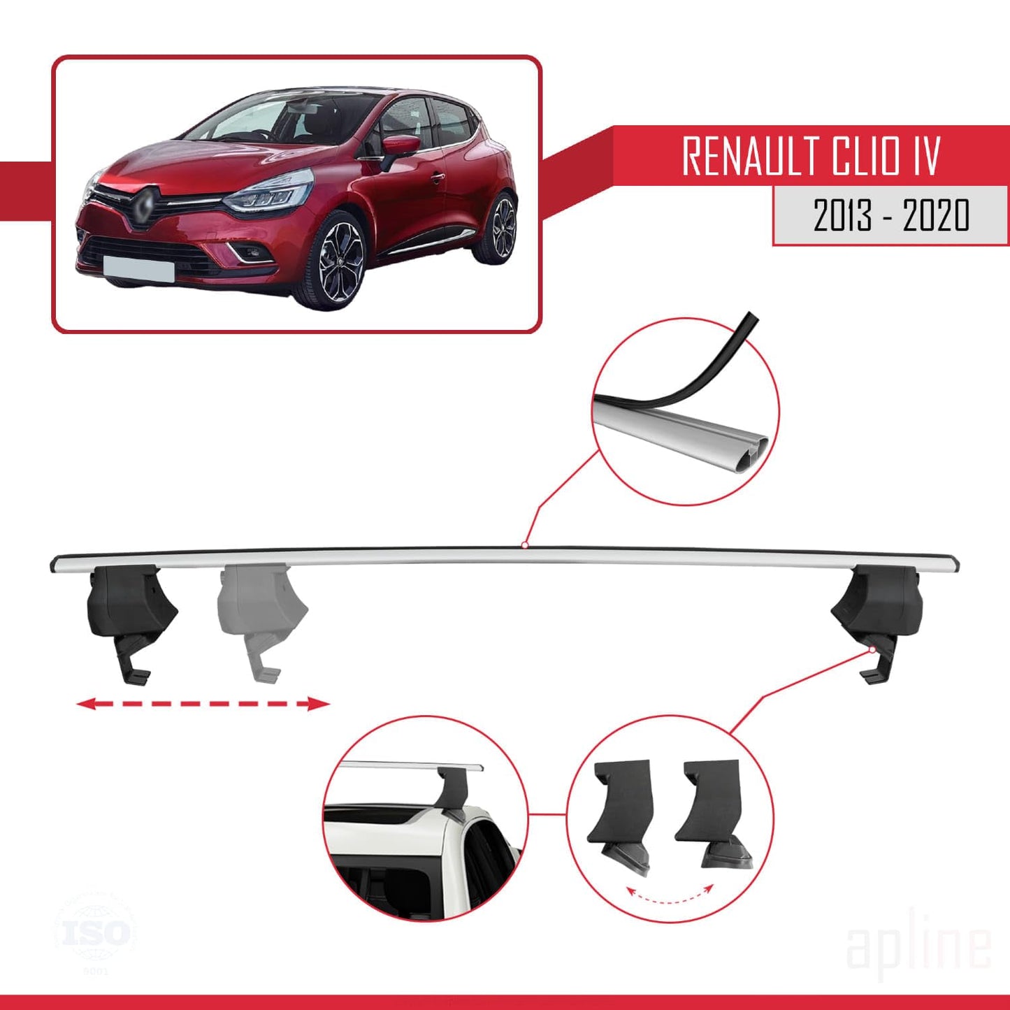 Compatible with Renault Clio 4 2013-2020 ACE-4 Car Roof Rack Cross Bar Grey Aluminium 2 Bars